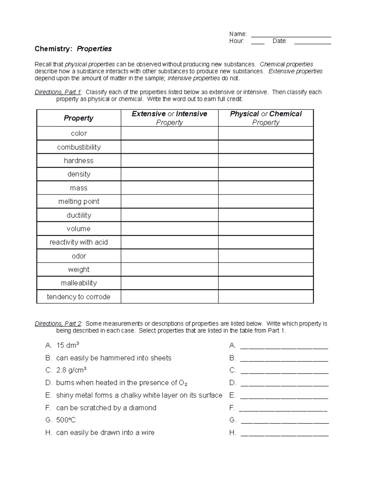 Physical And Chemical Properties Examples Worksheet