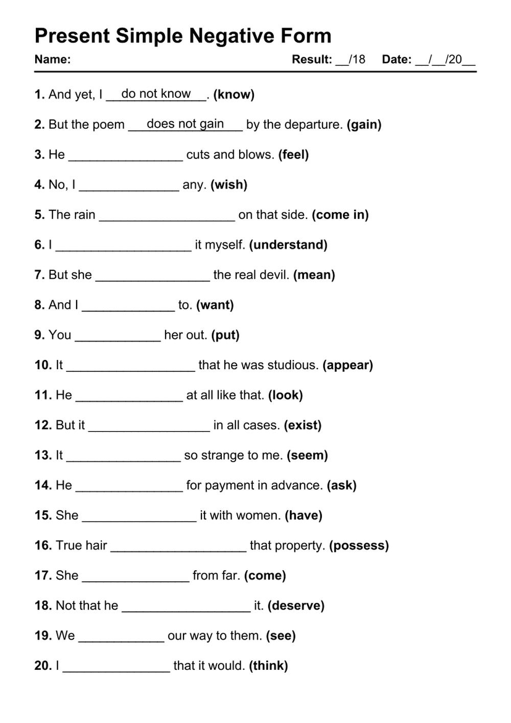 101 Present Simple Negative PDF Worksheets With Answers Grammarism