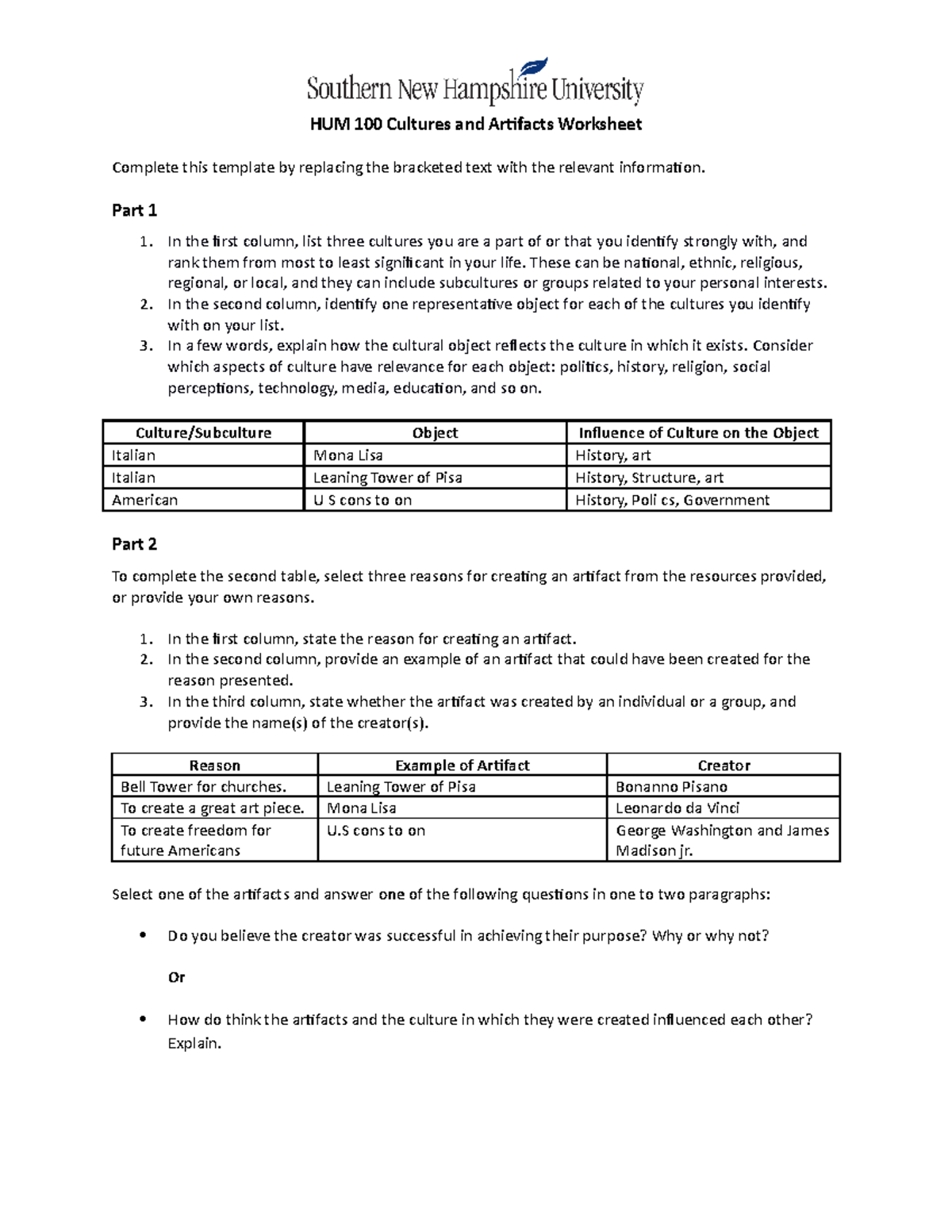 2 1 Worksheet Cultures And Artifacts HUM 100 Cultures And Artifacts Worksheet Complete This Studocu