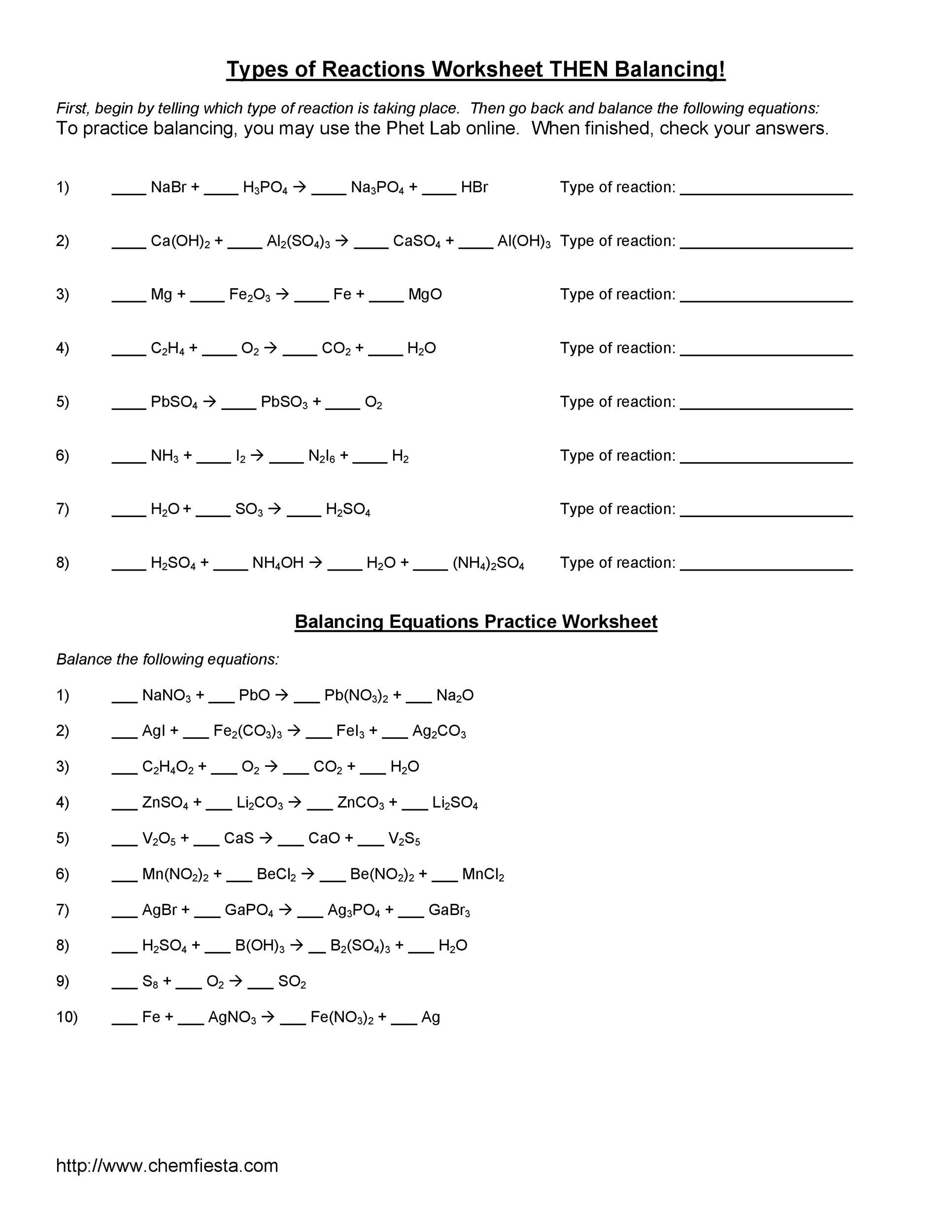 49 Balancing Chemical Equations Worksheets with Answers 