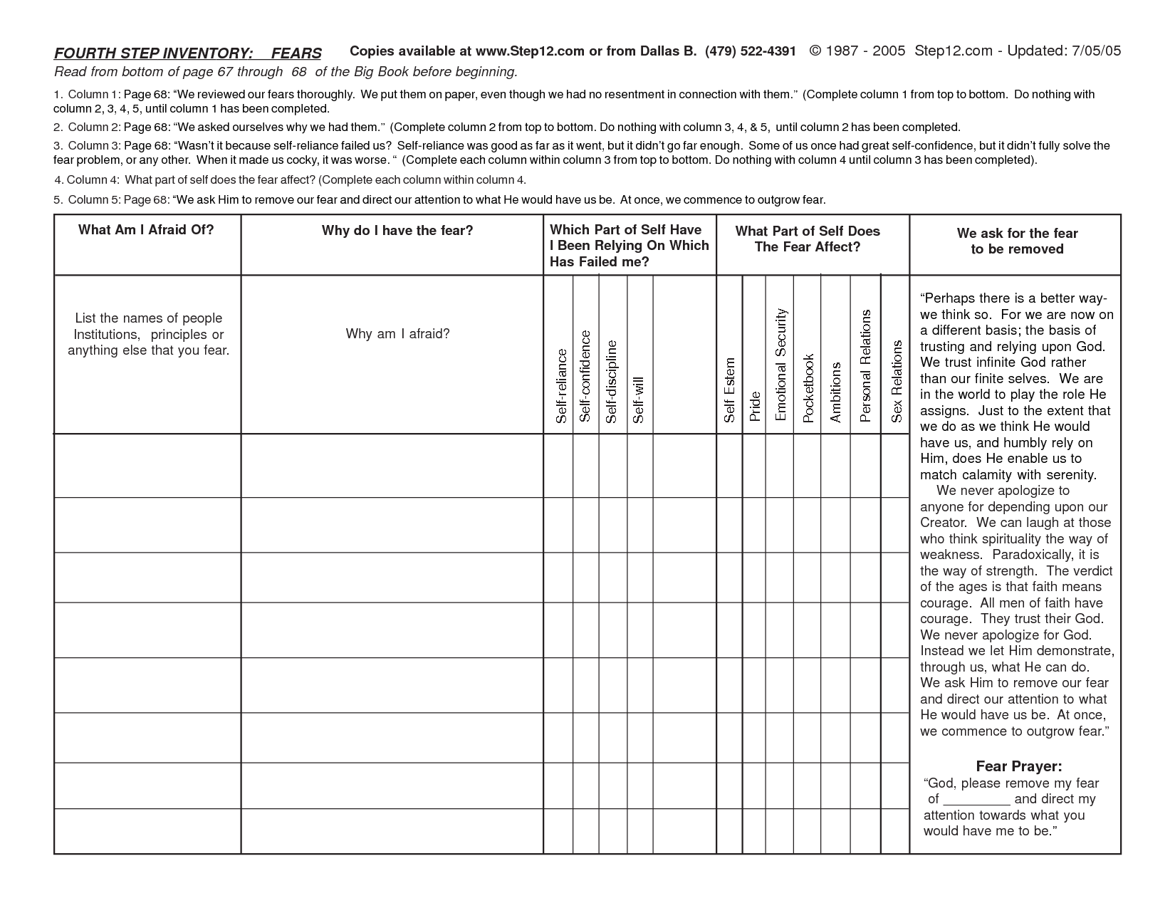 4th Step Worksheets