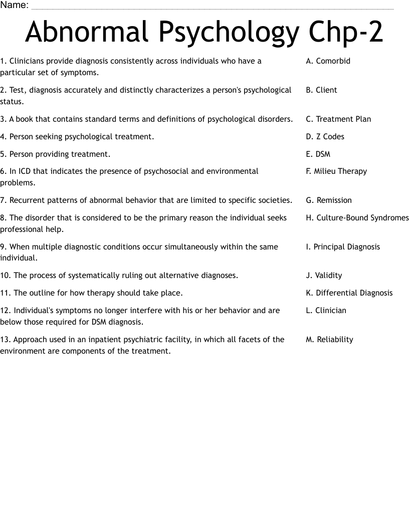 Abnormal Psychology Chp 2 Worksheet WordMint