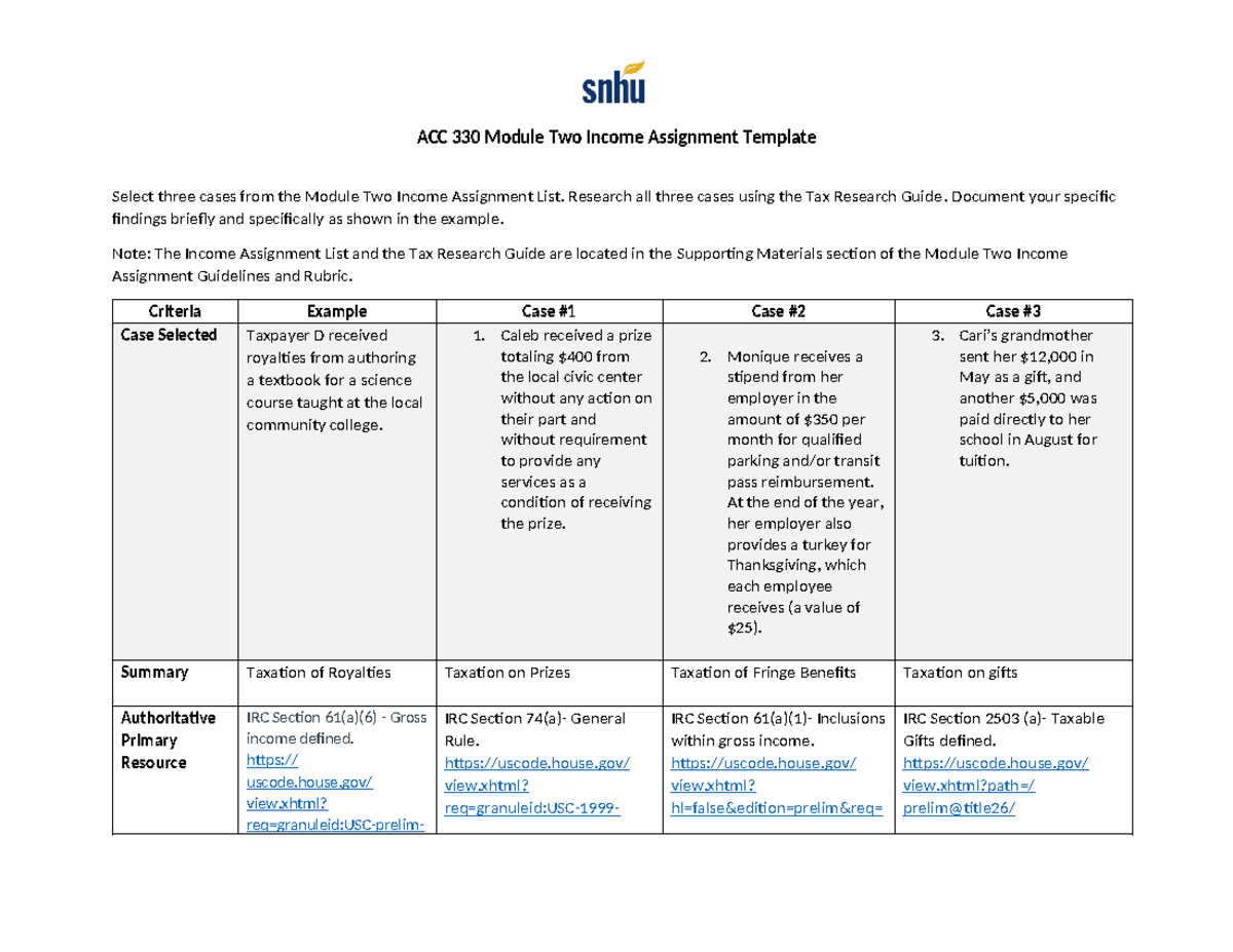 ACC 330 Module Two Income Assignment Overview Case Research Studocu