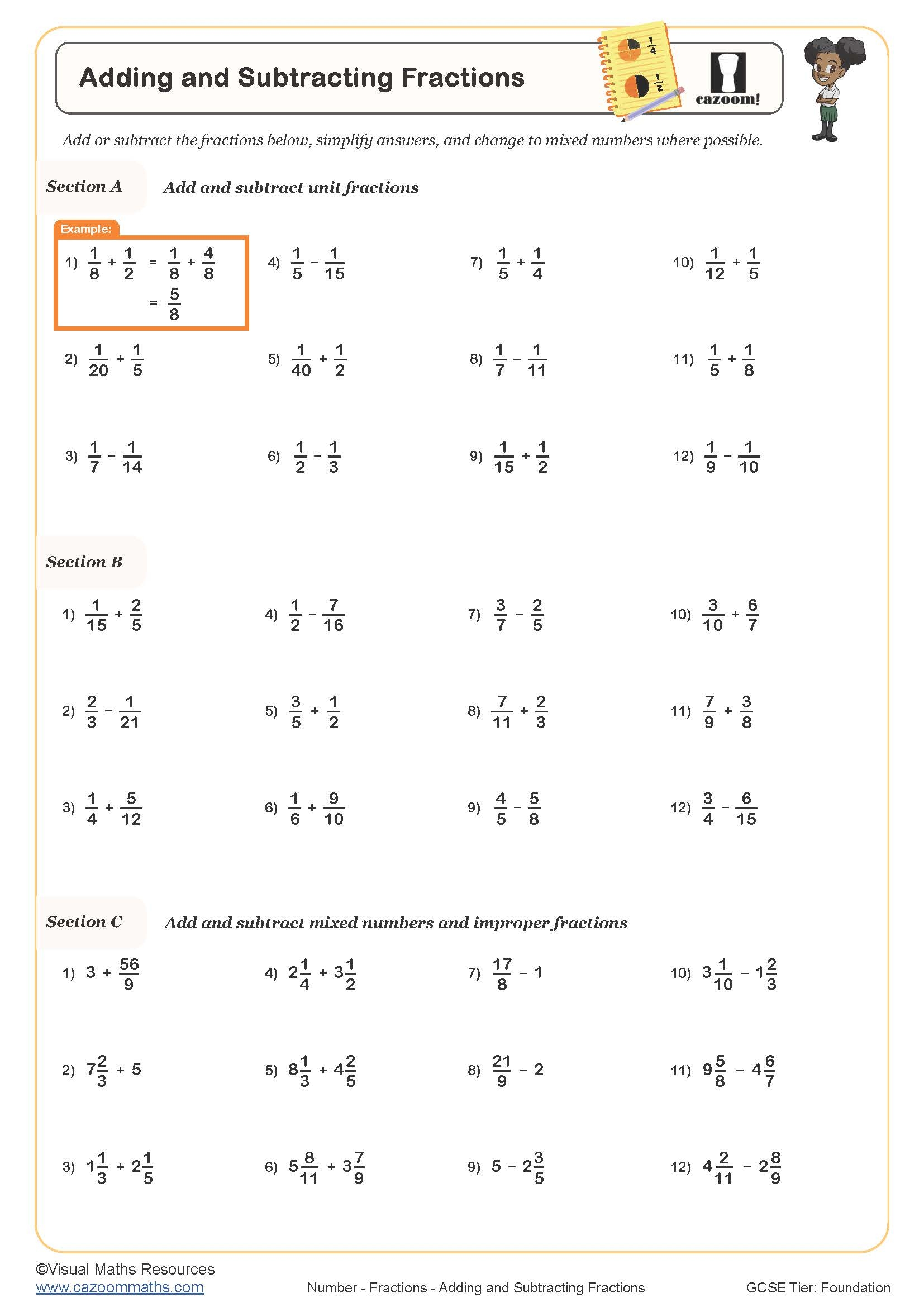 Examples Of Adding And Subtracting Fractions Worksheets