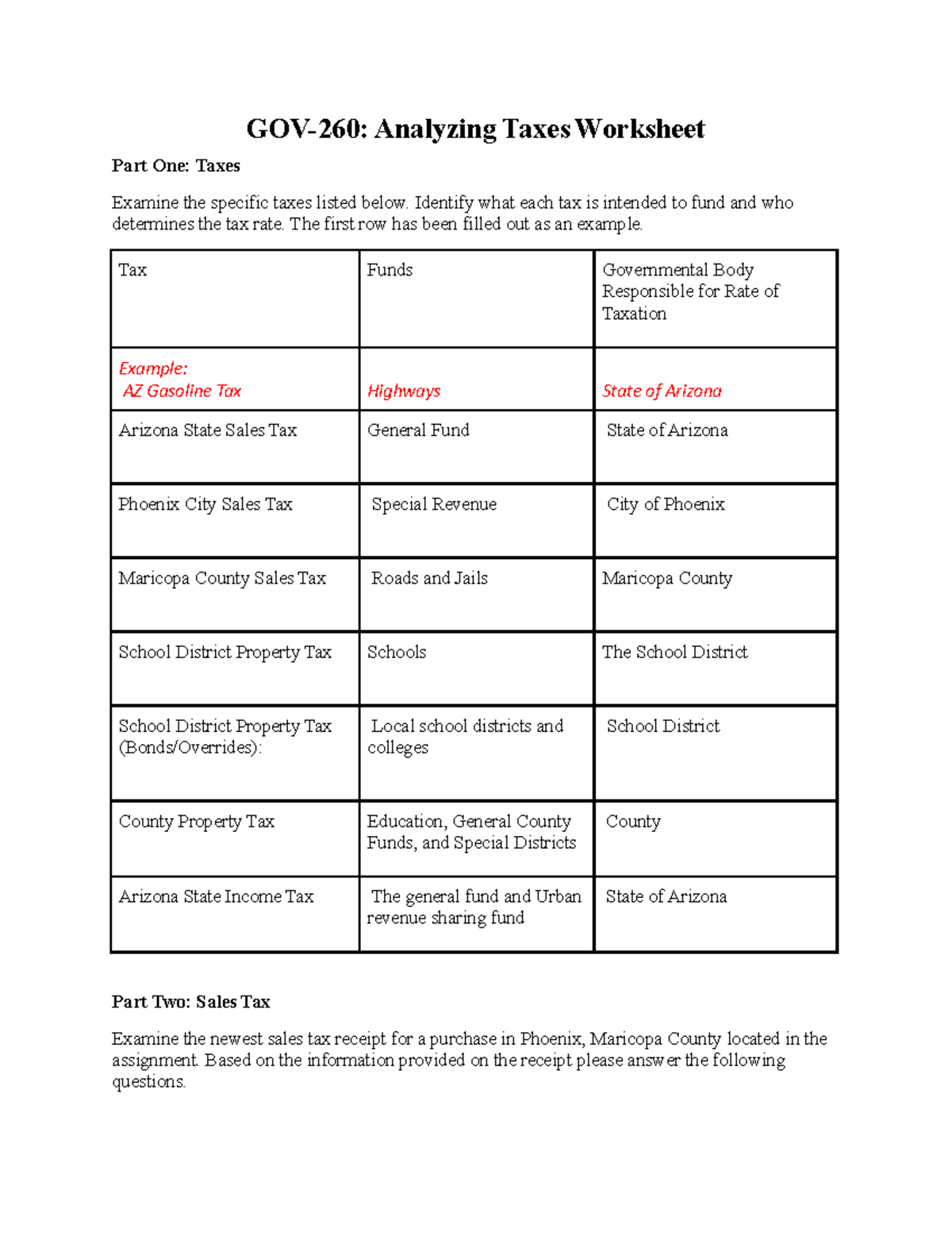 Analyzing Tax Worksheet 1 GOV 260 Analyzing Taxes Worksheet Part One Taxes Examine The Specific Studocu