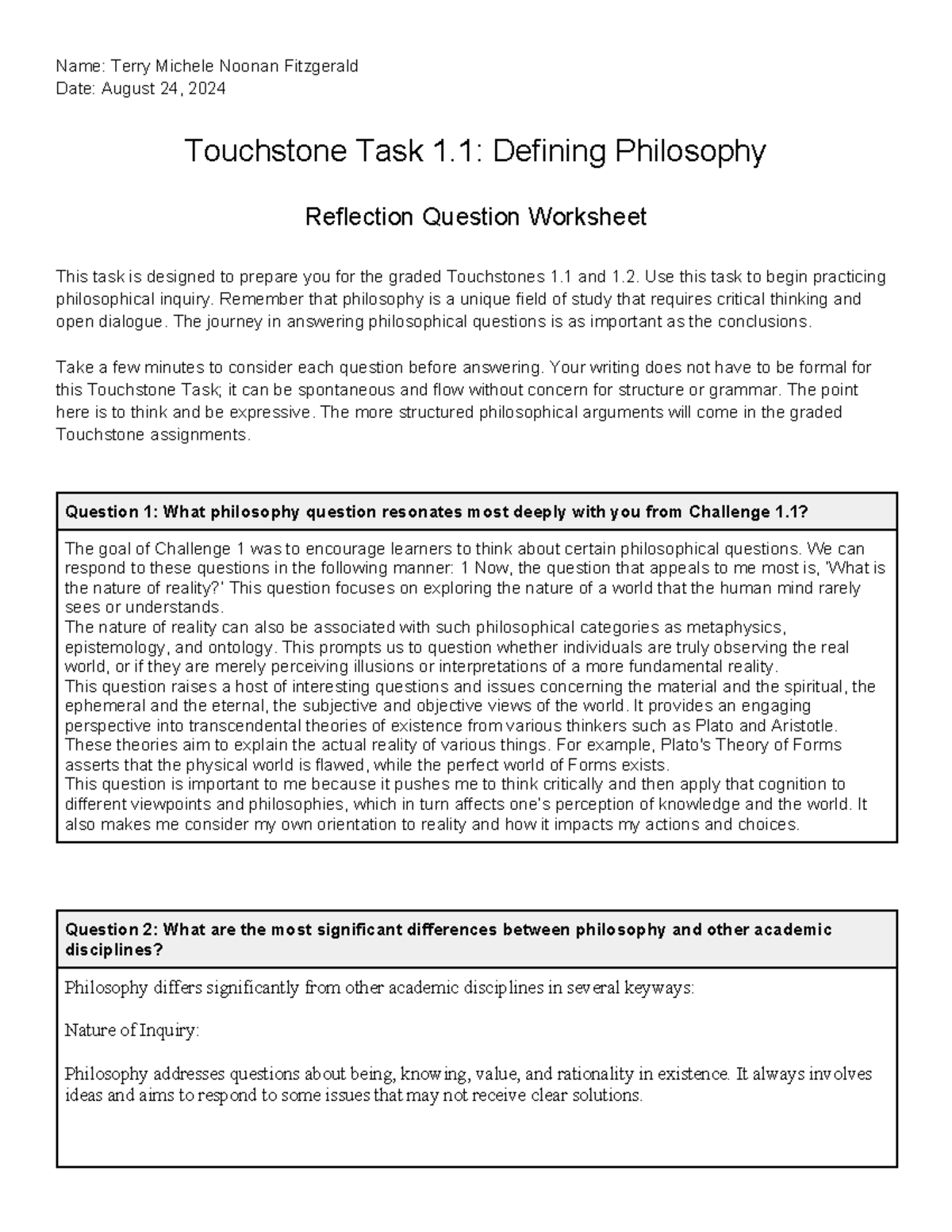 Examples Of Trancsendental Topught Worksheet