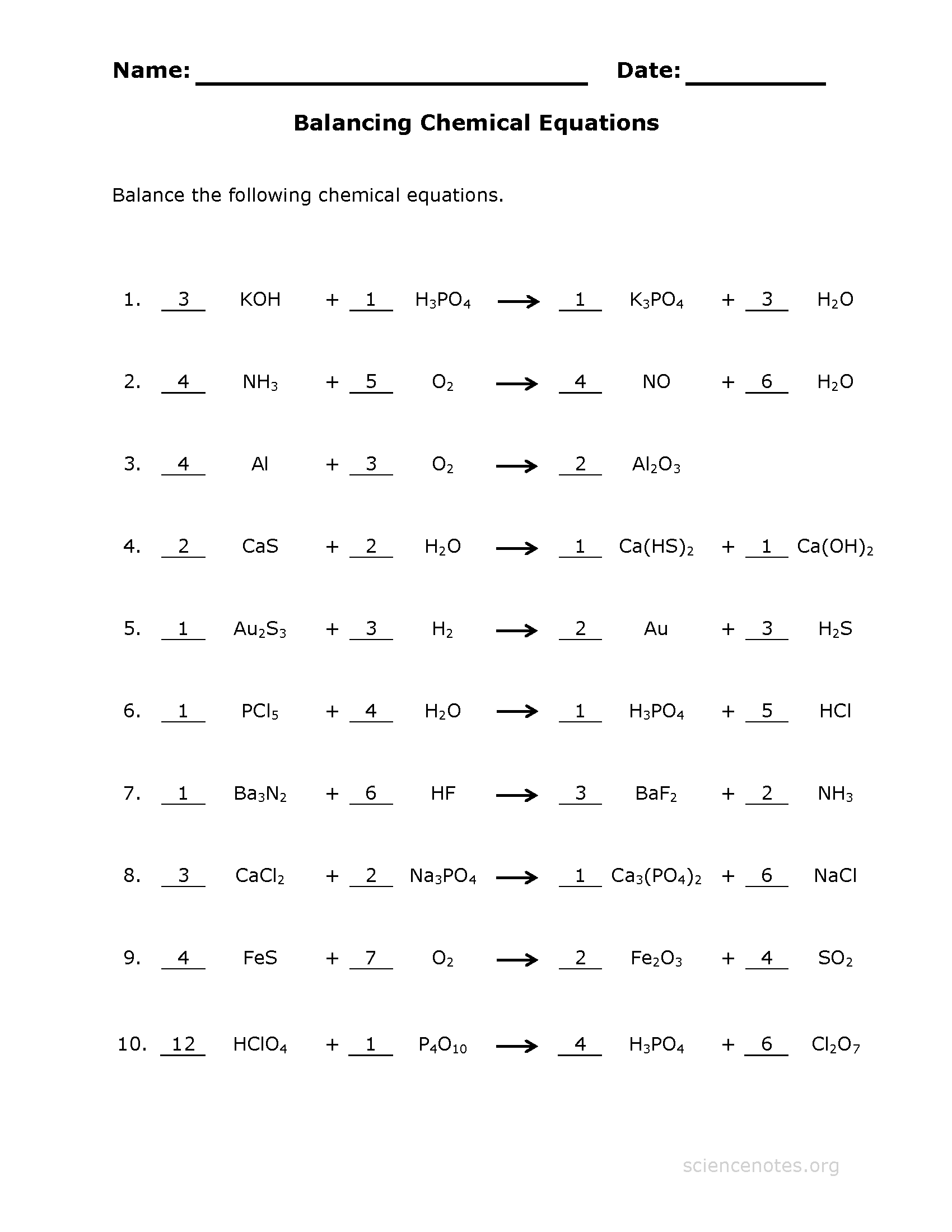 Balancing Equations Worksheet Examples Pdf