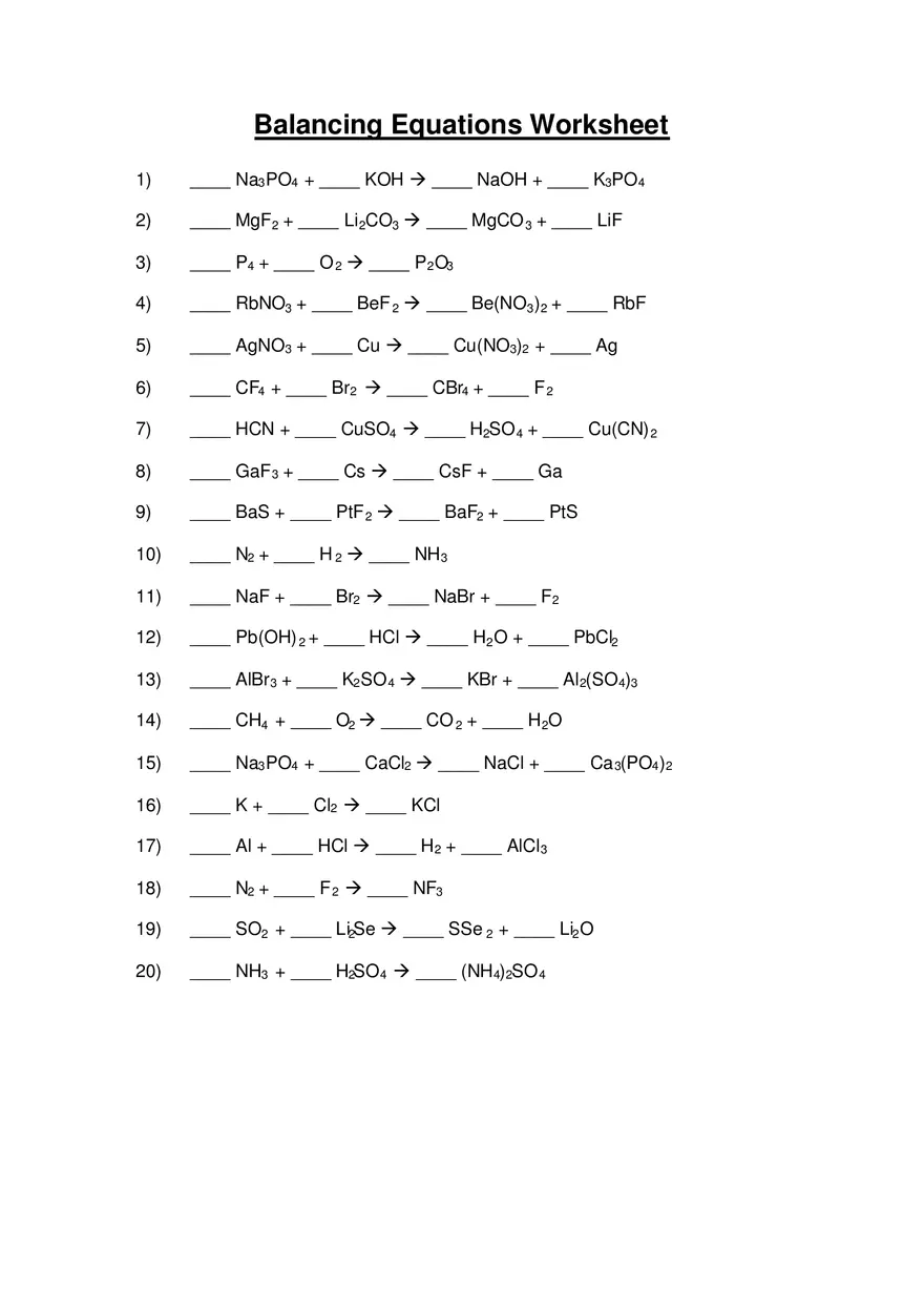 Balancing Chemical Equations Examples Worksheet