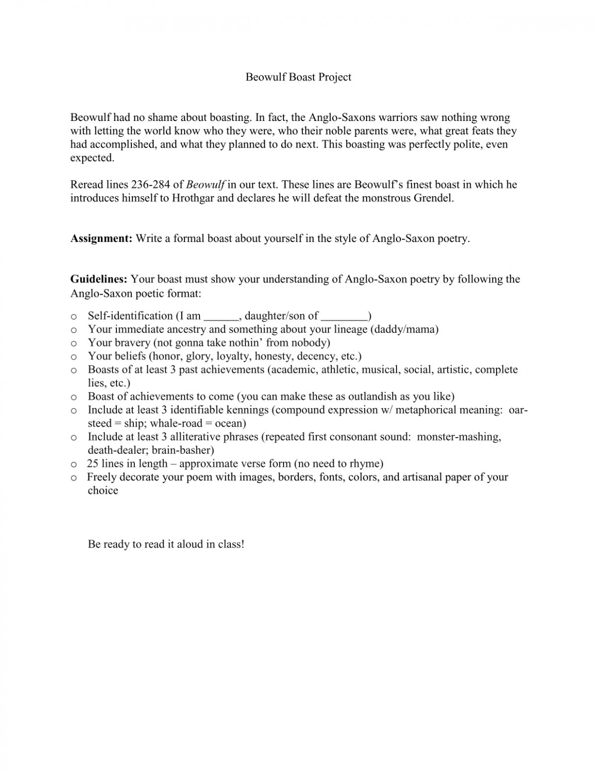 Boast Like Beowulf Worksheet Examples Boast Like Beowulf Worksheet Examples