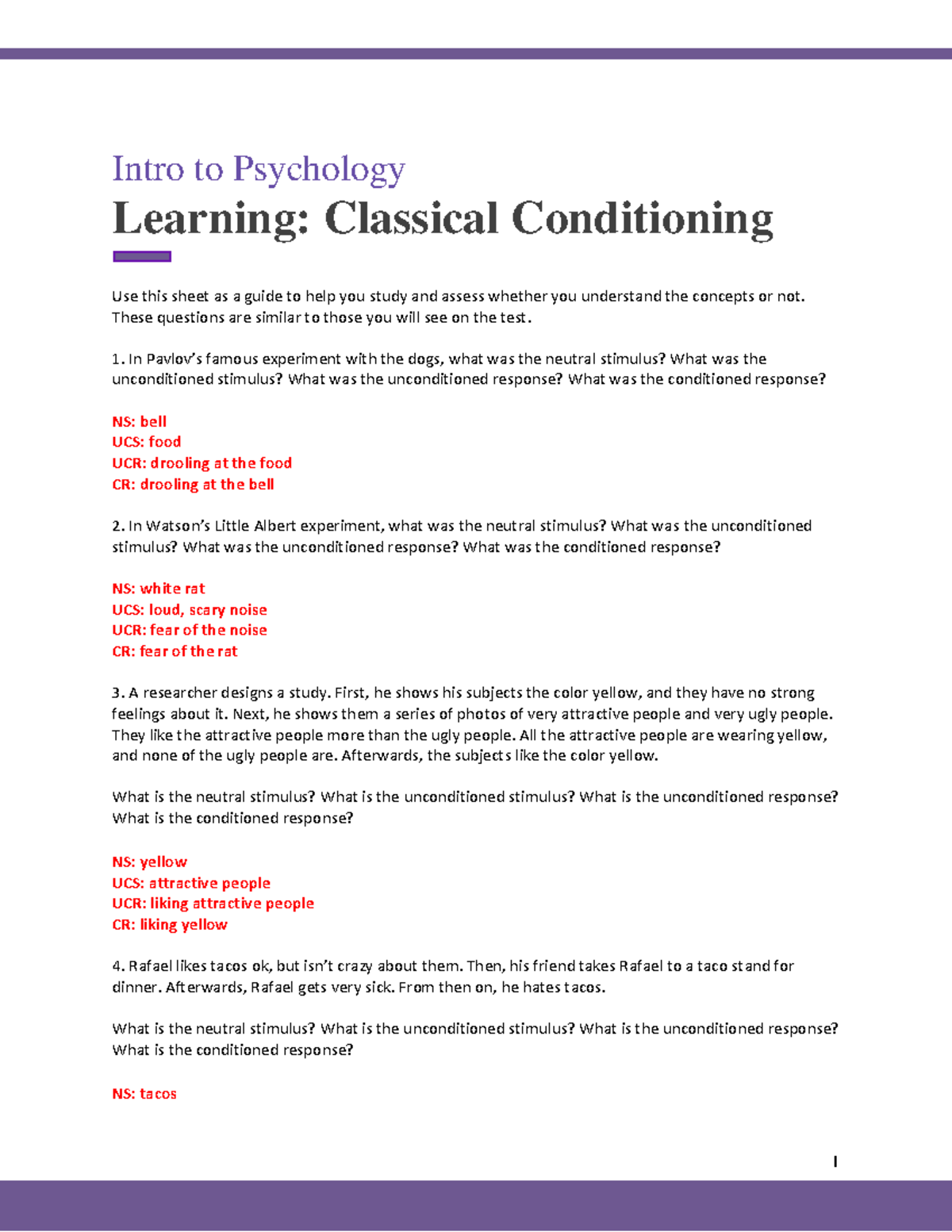 Classical Conditioning Examples Worksheet With Answers Classical Conditioning Examples Worksheet With Answers