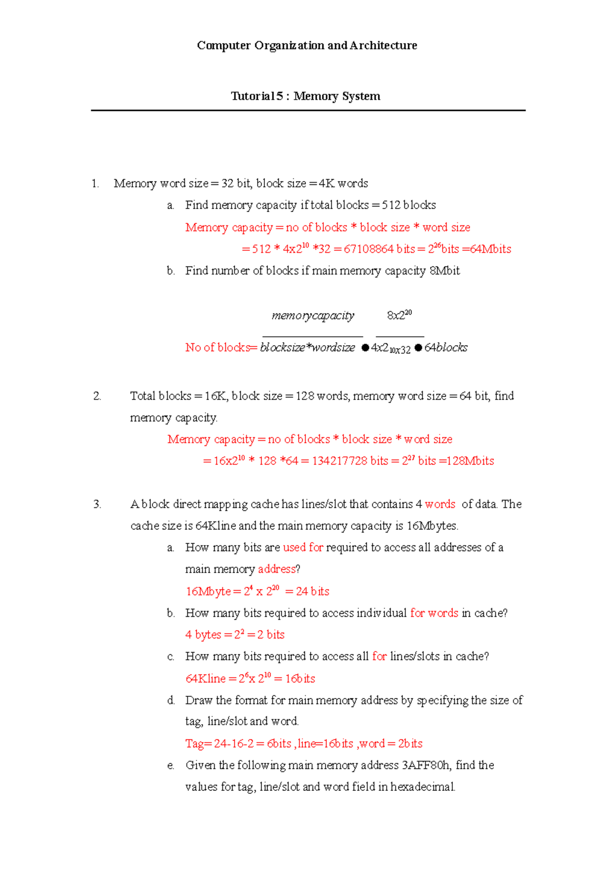 Practice Cache Example Worksheet Answers