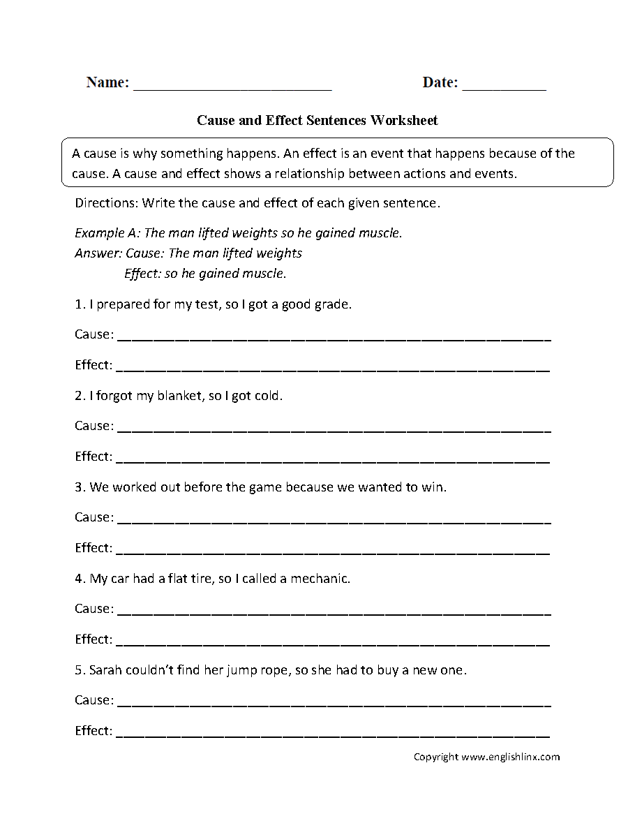 Cause And Effect Examples Worksheet