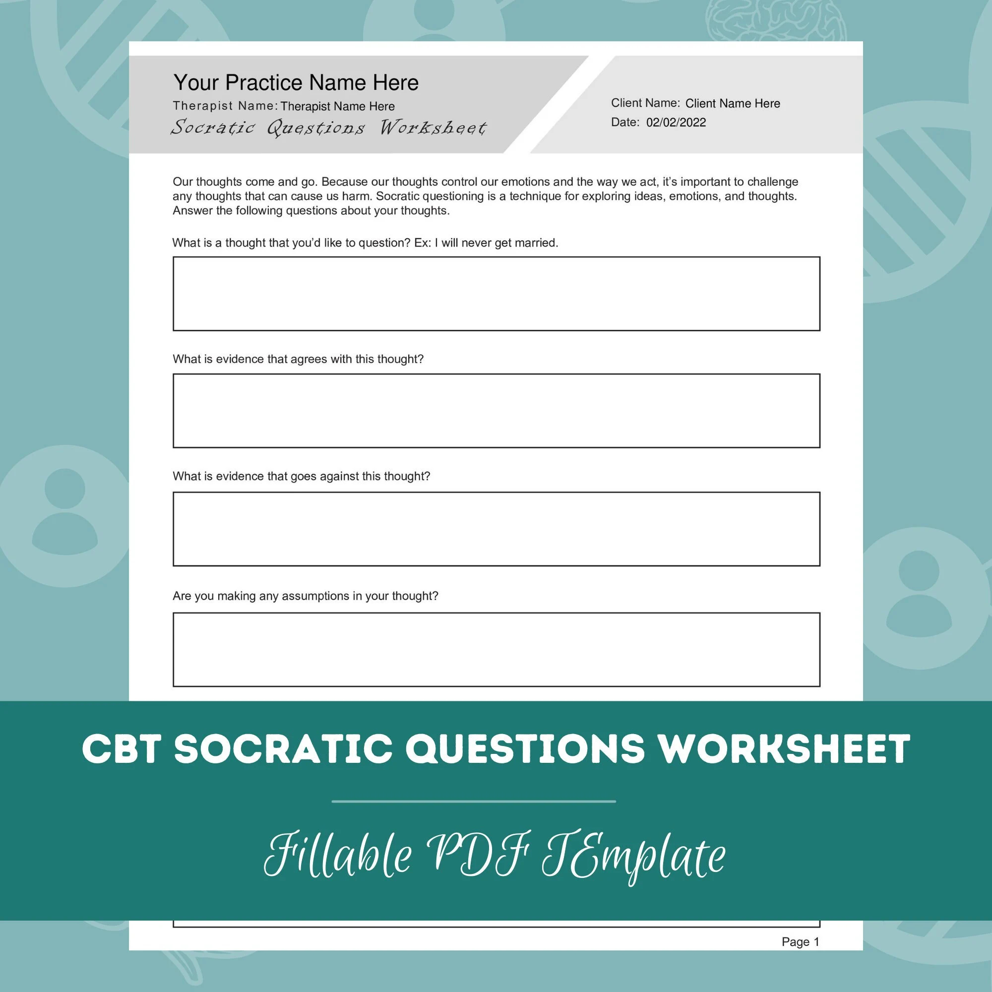 CBT Socratic Questions Worksheet Editable Fillable PDF For Counselors Psychologists Psychiatrists Social Workers Therapists Etsy