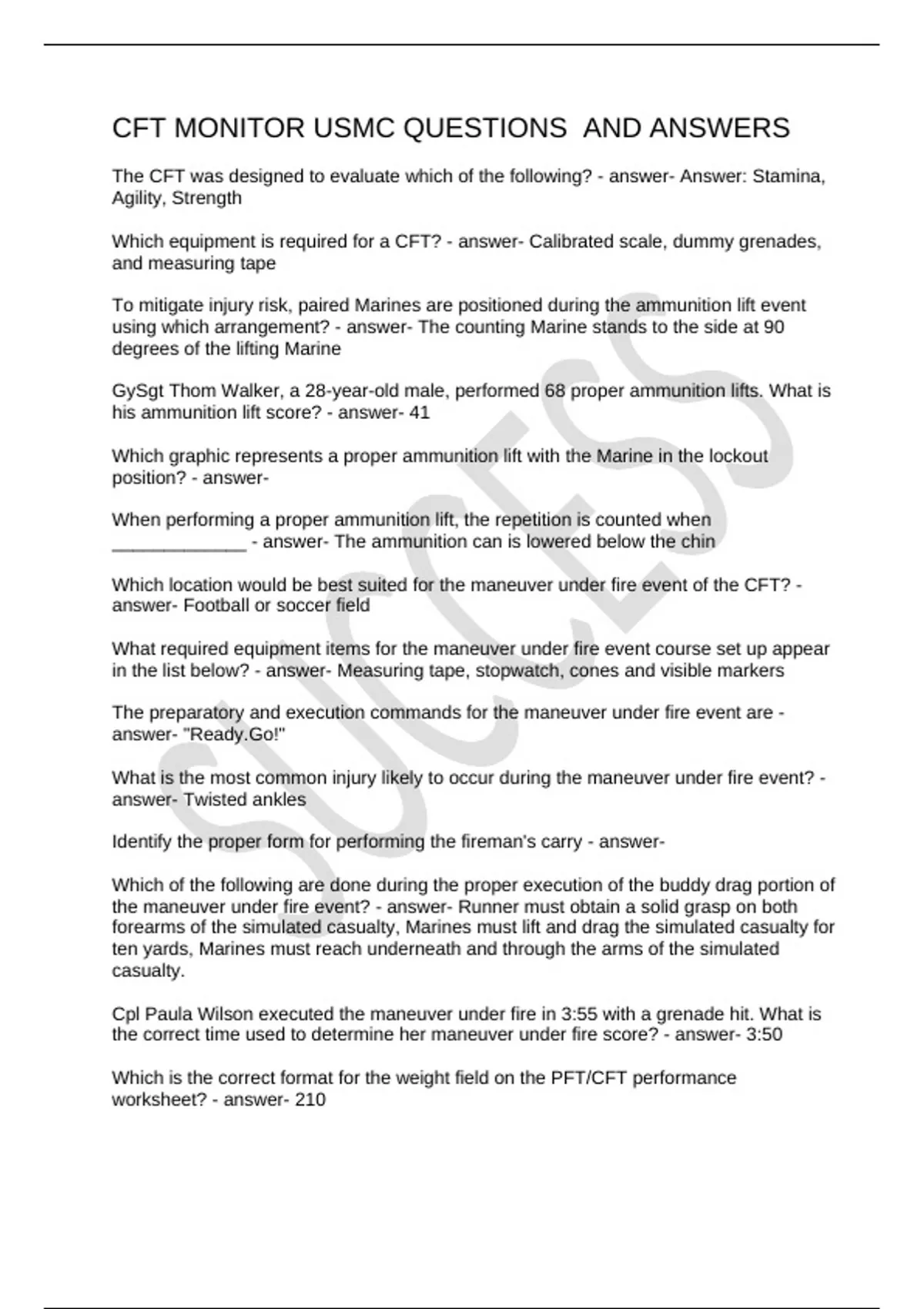 Pft/Cft Performance Worksheet Example