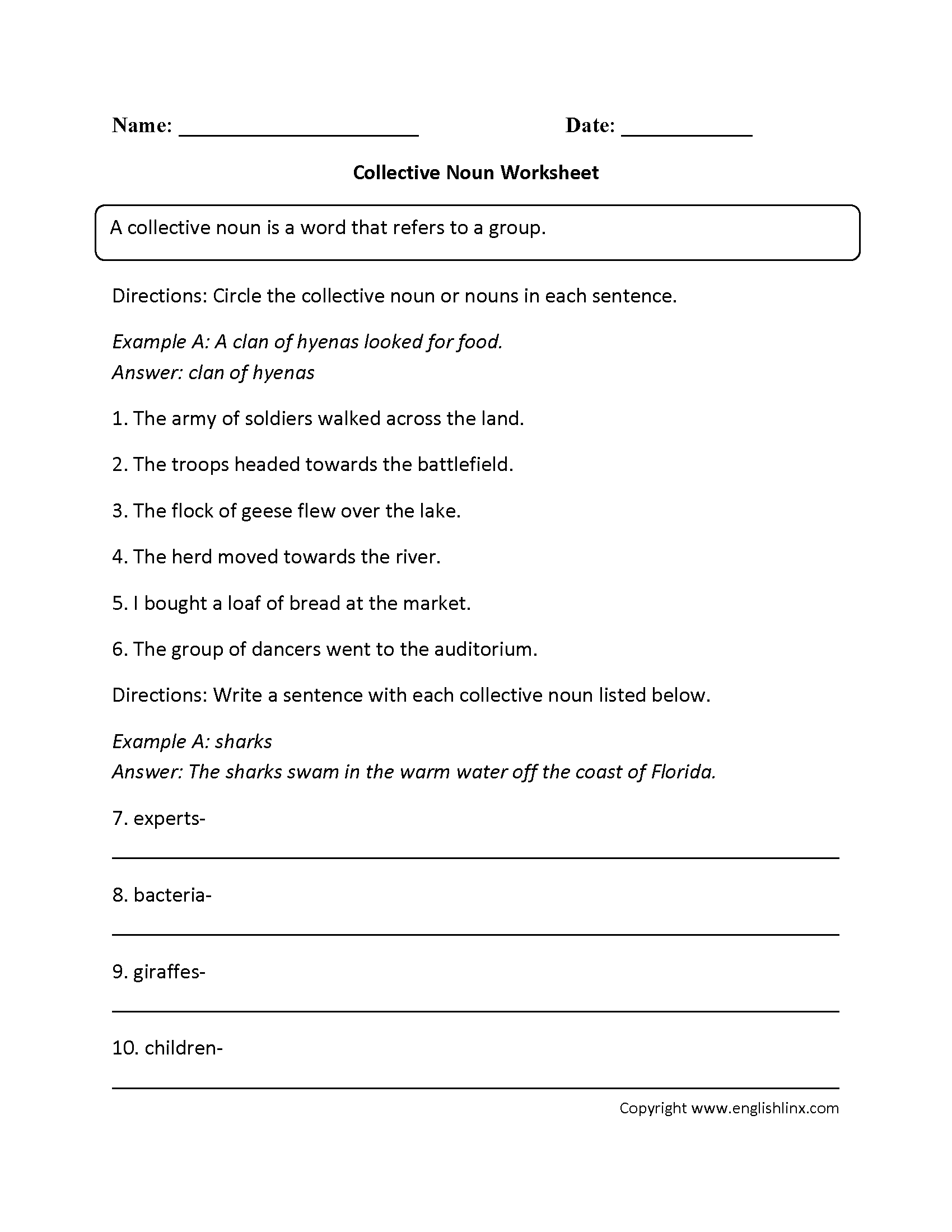 Collective Nouns Worksheets Fill In Collective Nouns Worksheet Part 1