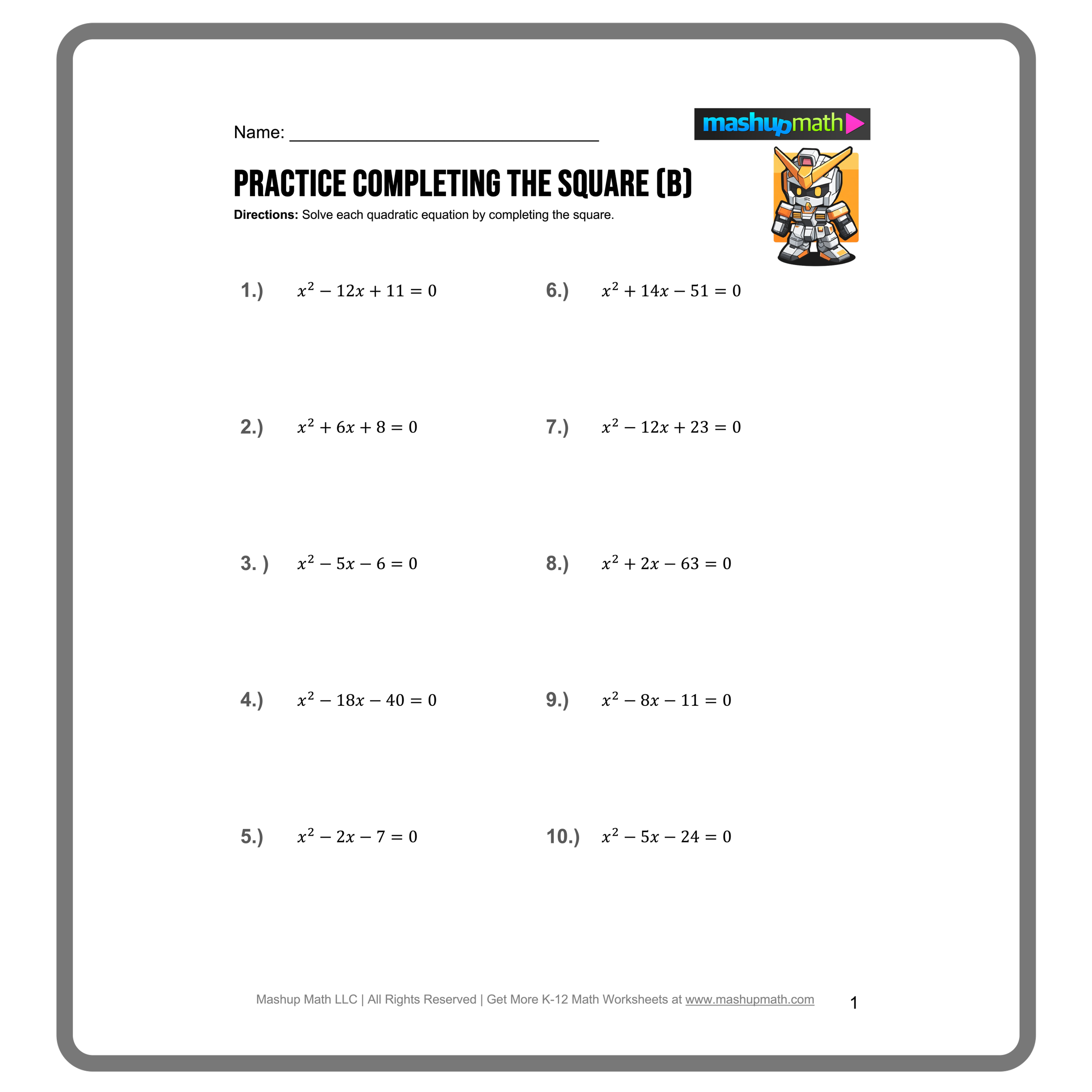 Completing The Square Worksheets Printable With Answers Mashup Math