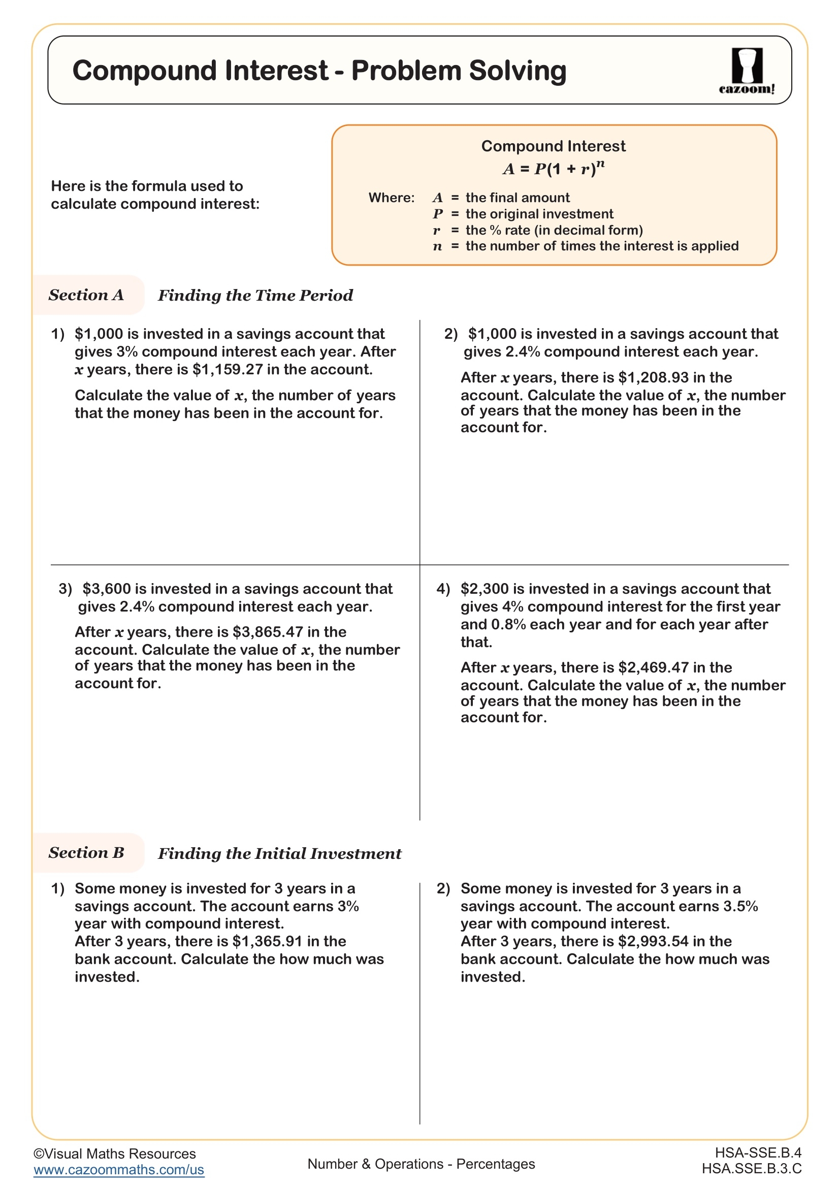 Compound Interest Problem Solving Worksheet Fun And Engaging IM 1 And Algebra II Number Operations Worksheet Cazoom Math
