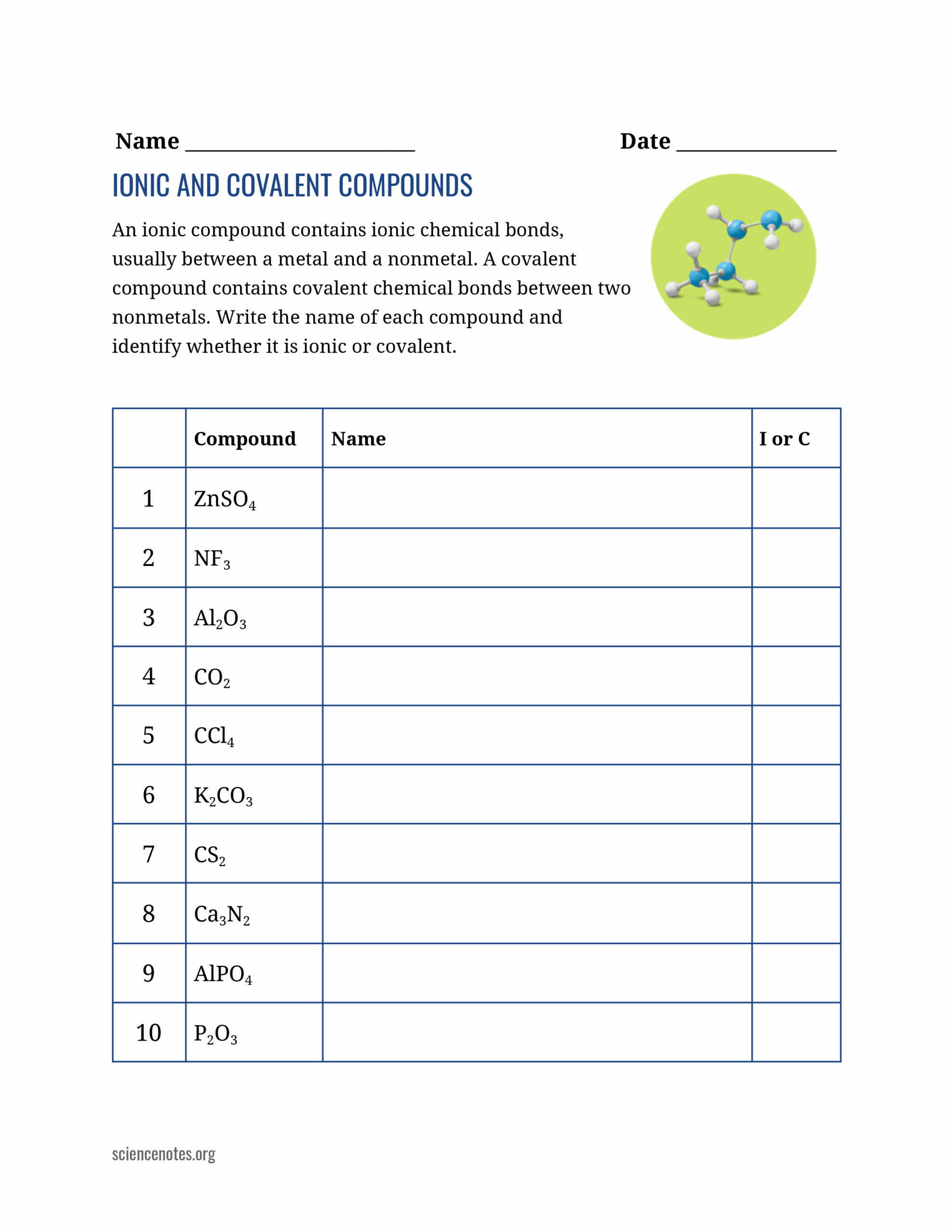 Covalent Bonding Examples Worksheet Chemistry