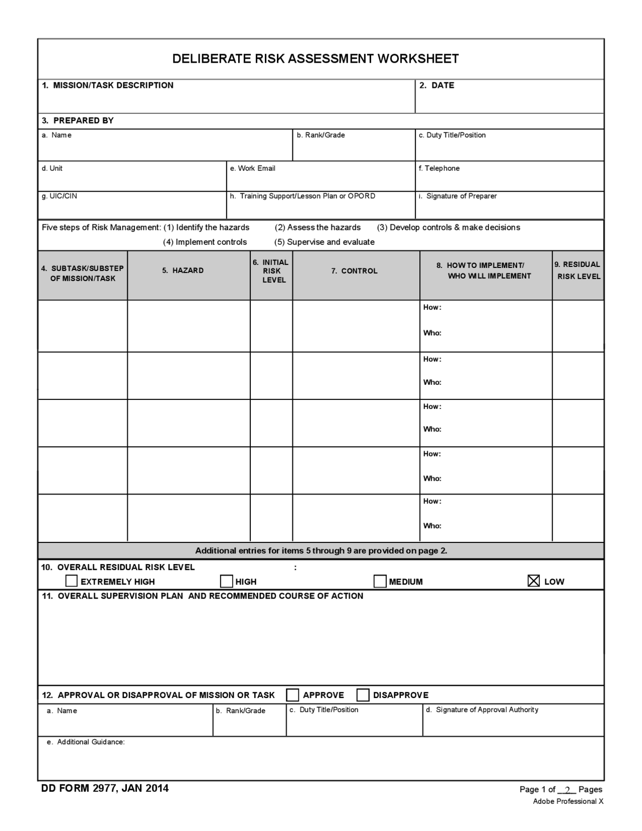 DD Form 2977 Deliberate Risk Assessment Worksheet Lecture Notes Risk Analysis Docsity