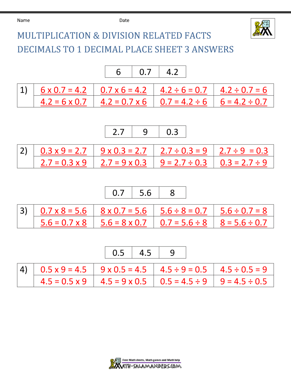 Dividing Decimals Worksheet With Examples