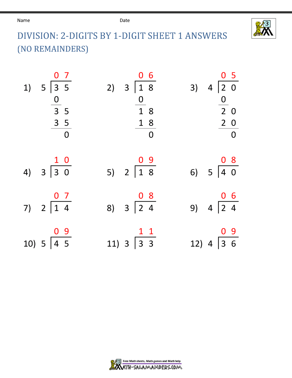 Division Worksheets 3rd Grade
