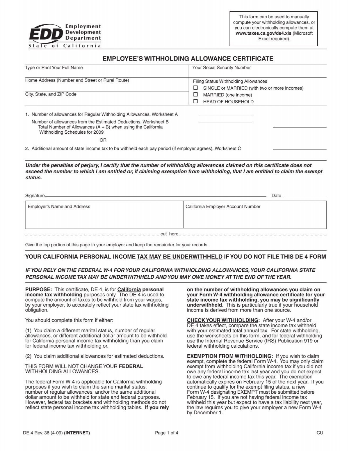EDD Employee s Withholding Allowance Certificate