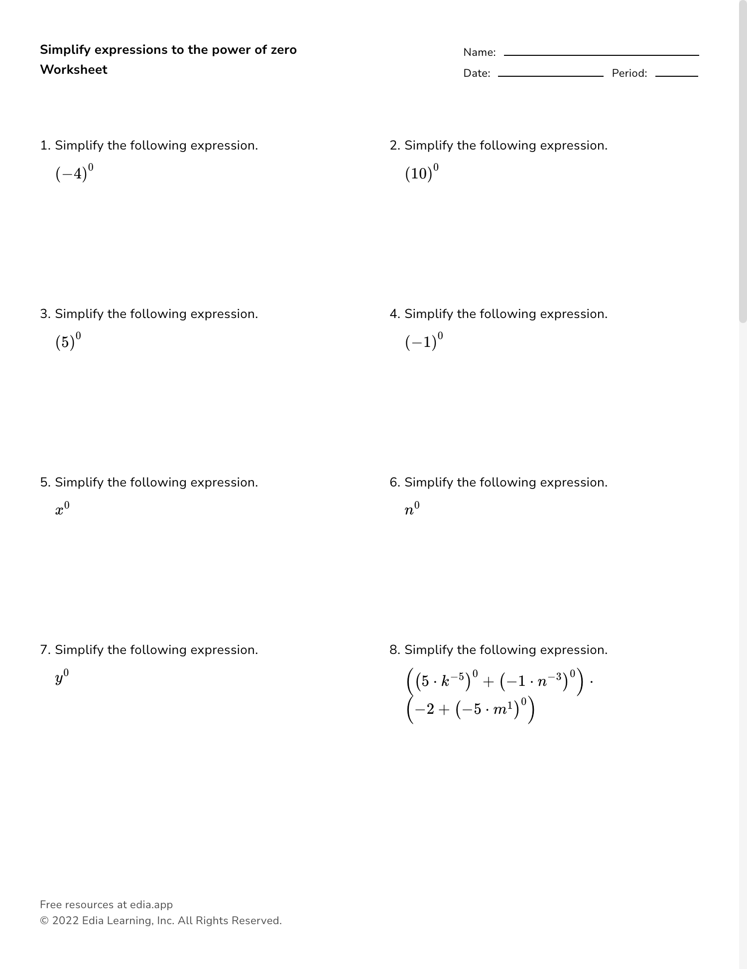 Simplify Expressions With Exponents Examples Worksheet