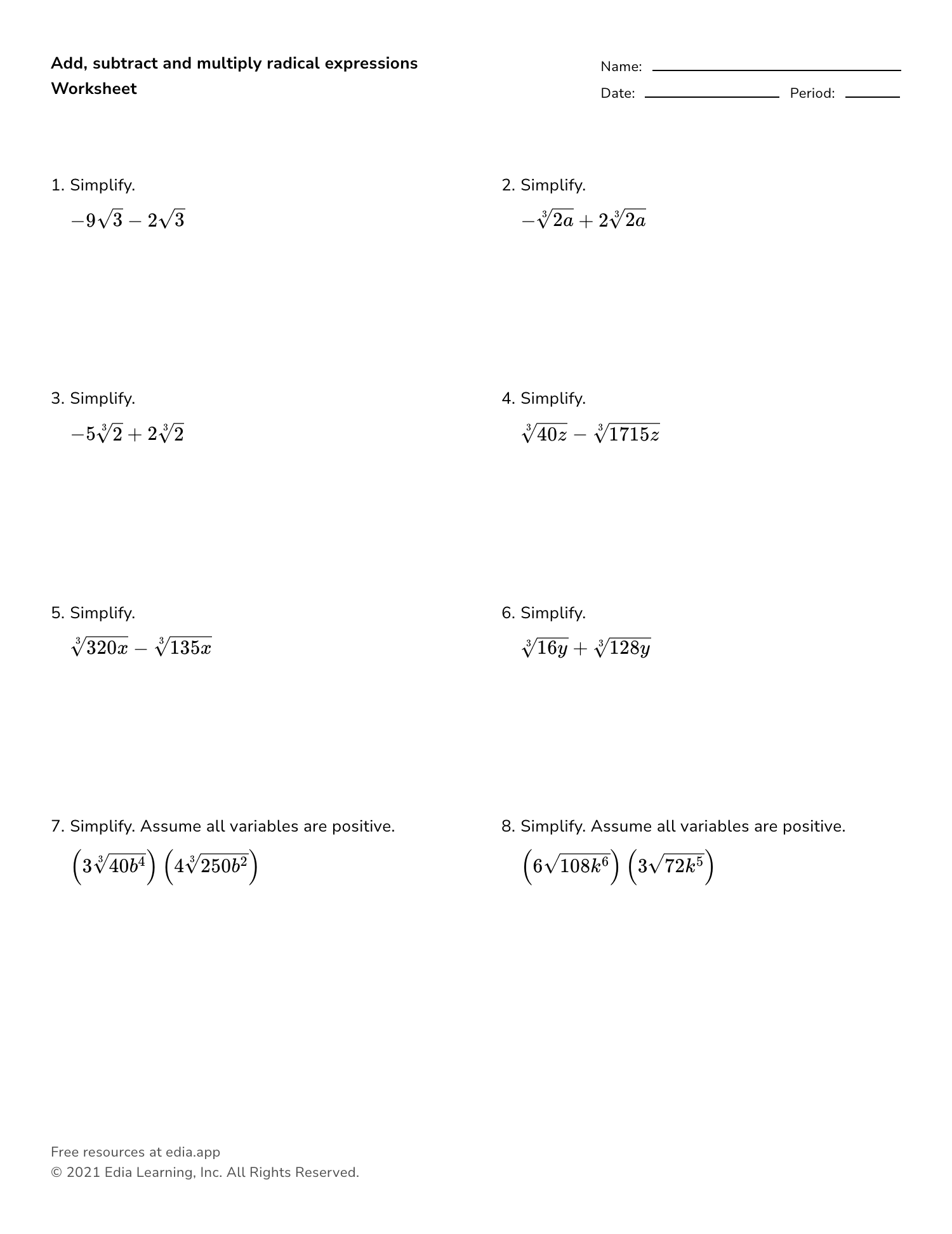 Examples Simplifying Radical Expressions Worksheet