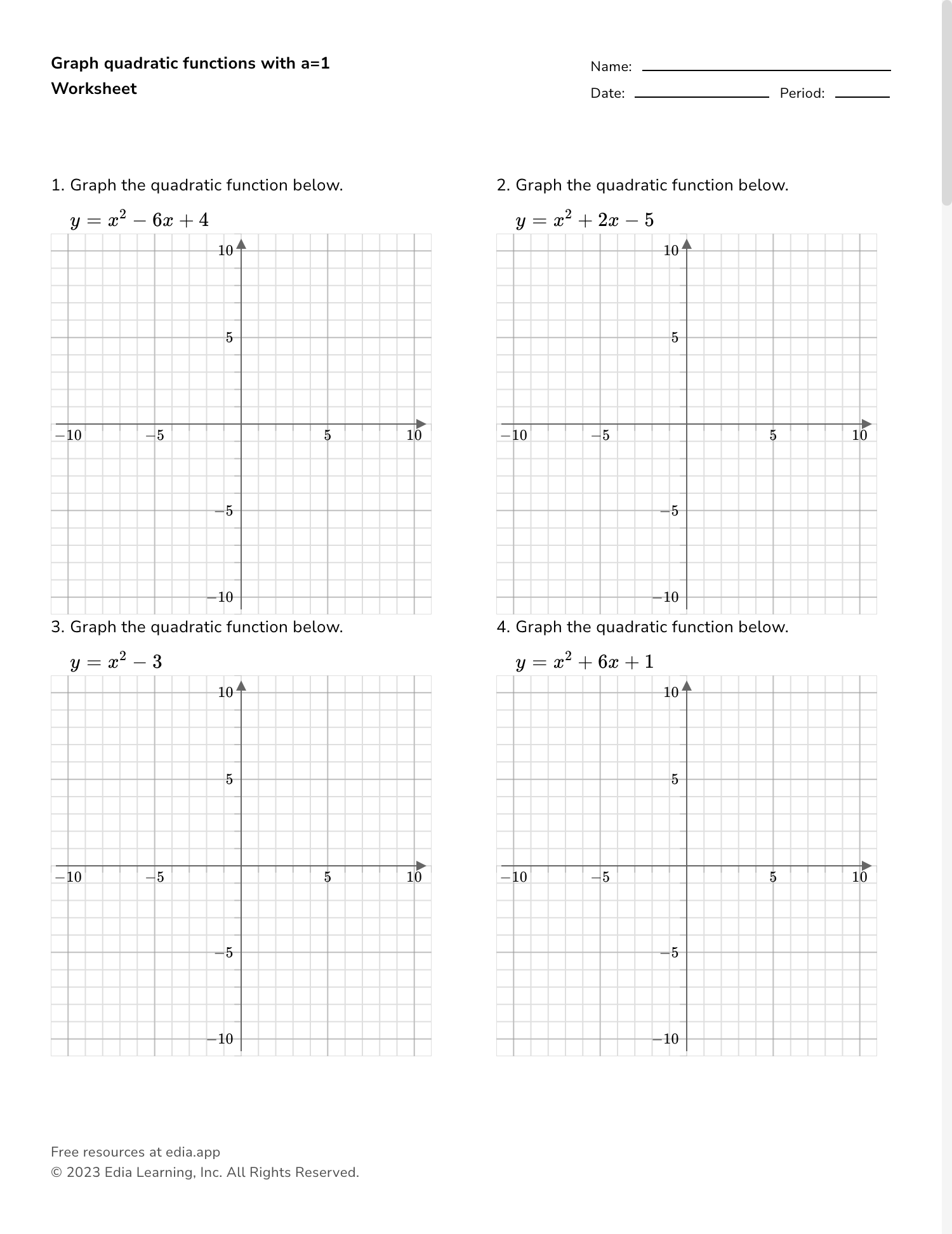 Graphing Quadratic Functions Worksheet With Example