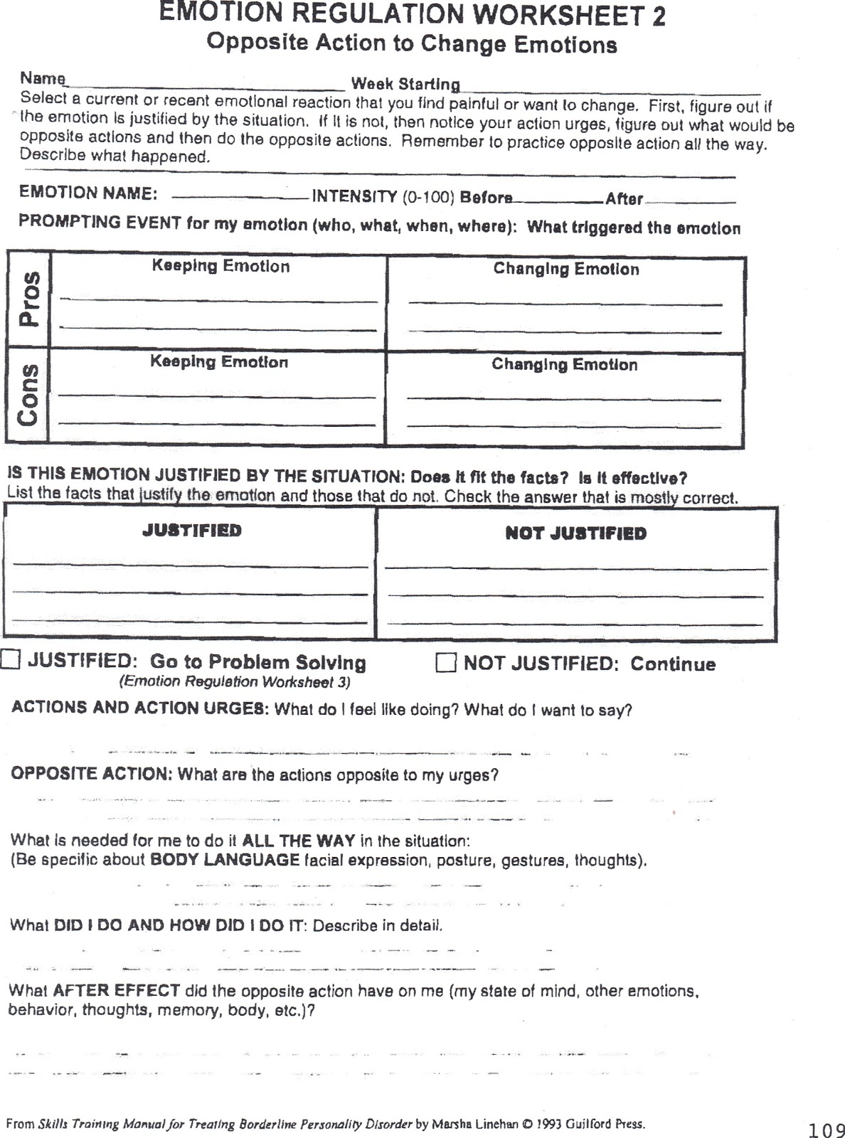 Emotion Regulation Worksheet 2 With Personal Example Pros And Cons Healing From Borderline Personality Disorder