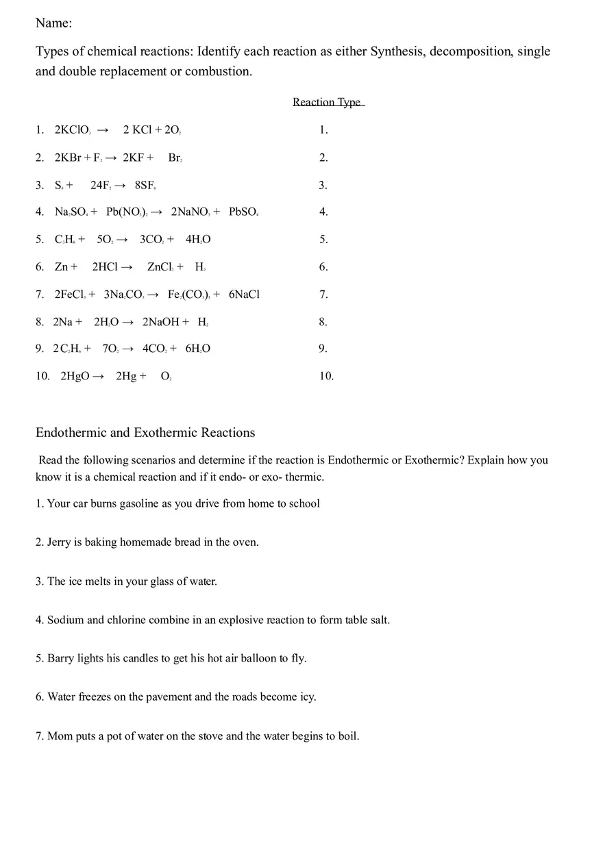 Examples Of Endothermic And Exothermic Reactions Worksheet