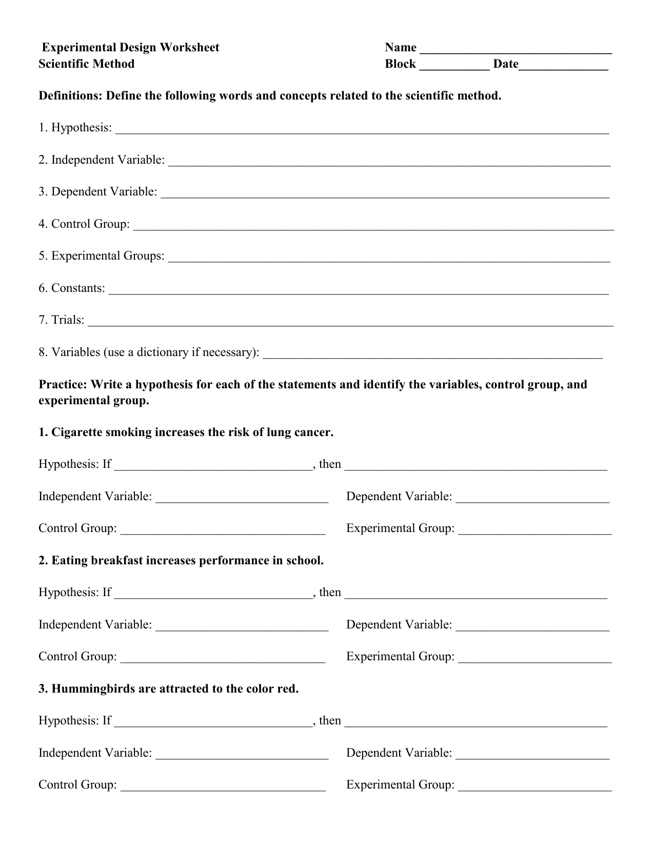 Experimental Design Worksheet Scientific Method