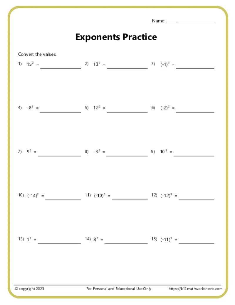 Exponents Worksheets