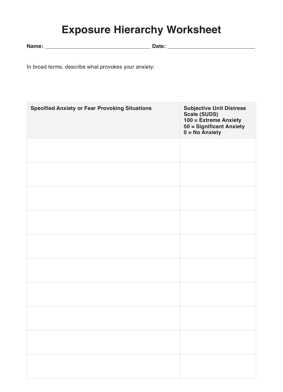 Social Anxiety Hierarchy Worksheet Example