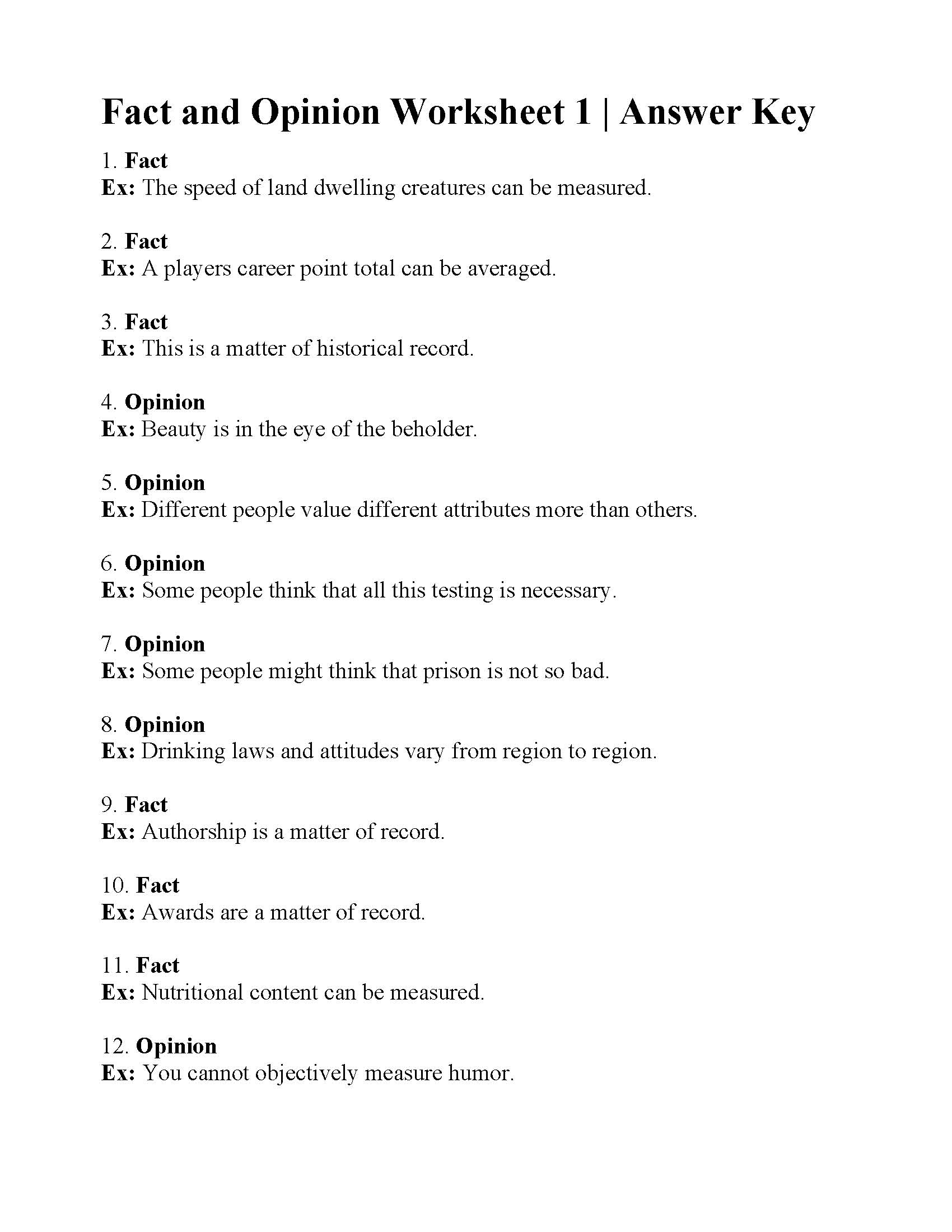 Examples Of Fact And Opinion Worksheets