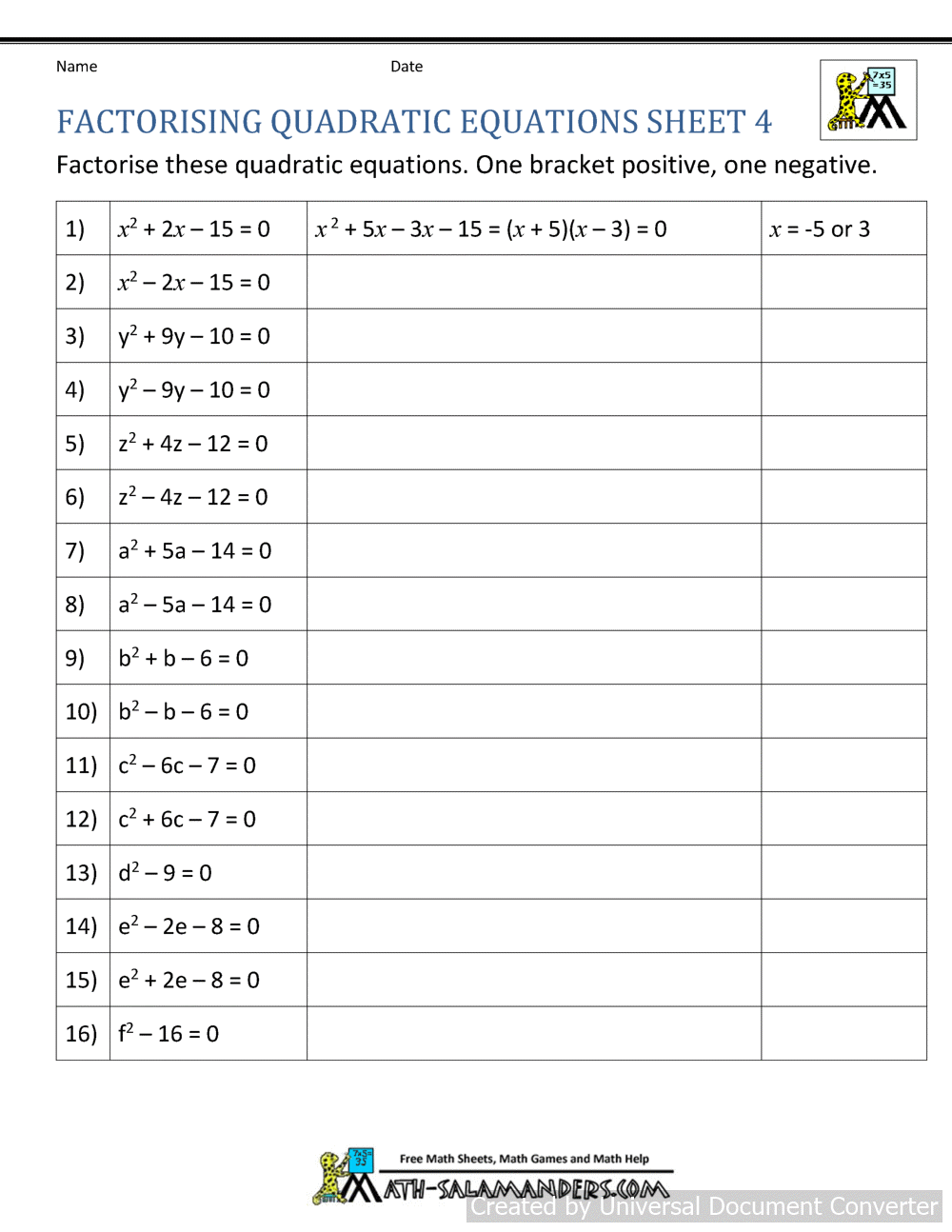 Factoring Quadratic Equations Factoring Quadratic Equations