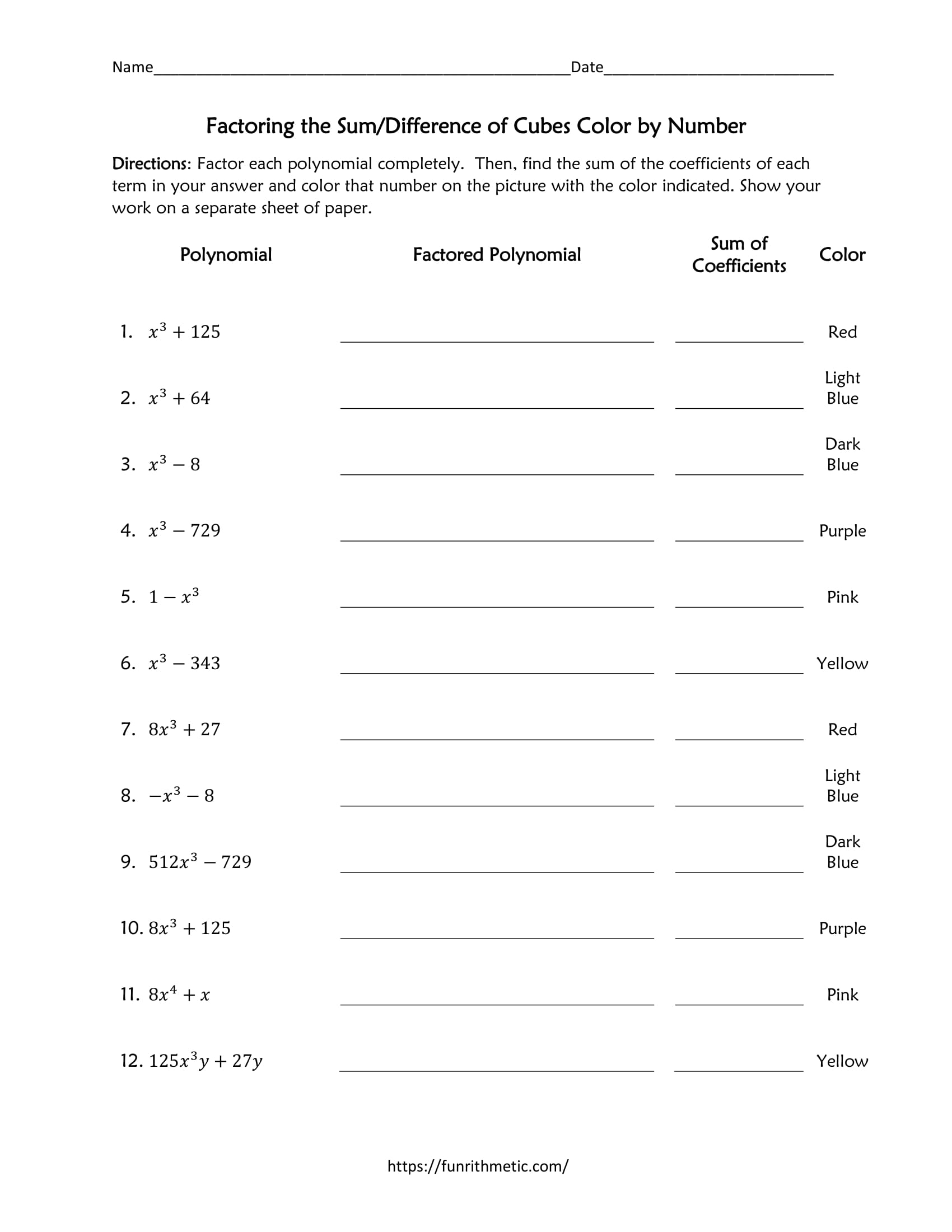 Factoring The Sum Or Difference Of Cubes Color By Number Funrithmetic