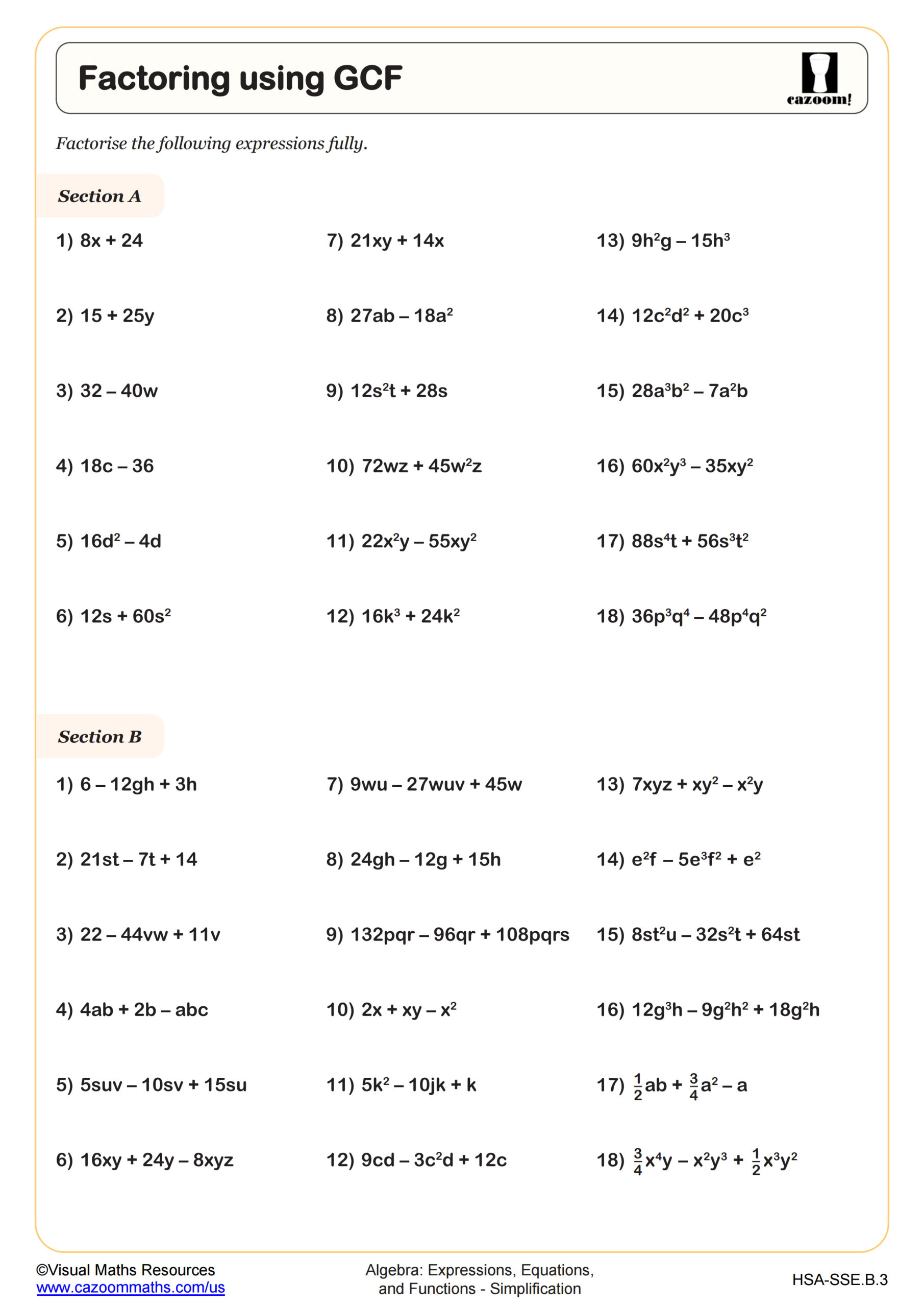 Factoring Using GCF Worksheet PDF Printable Algebra Worksheet Cazoom Math