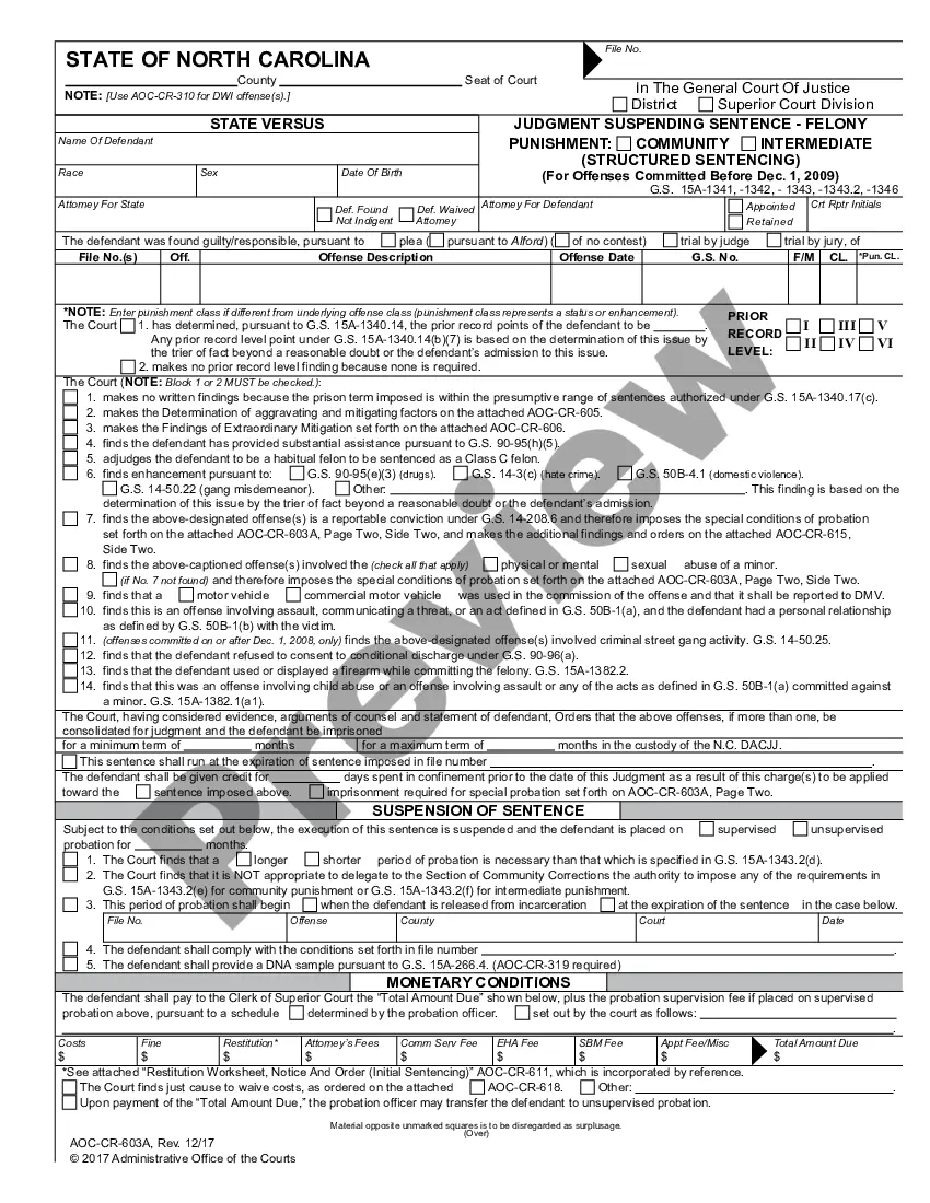 Fayetteville North Carolina Worksheet Prior Record Level For Felony Sentencing And Prior Conviction Level For Misdemeanor Sentencing Structured Sentencing US Legal Forms