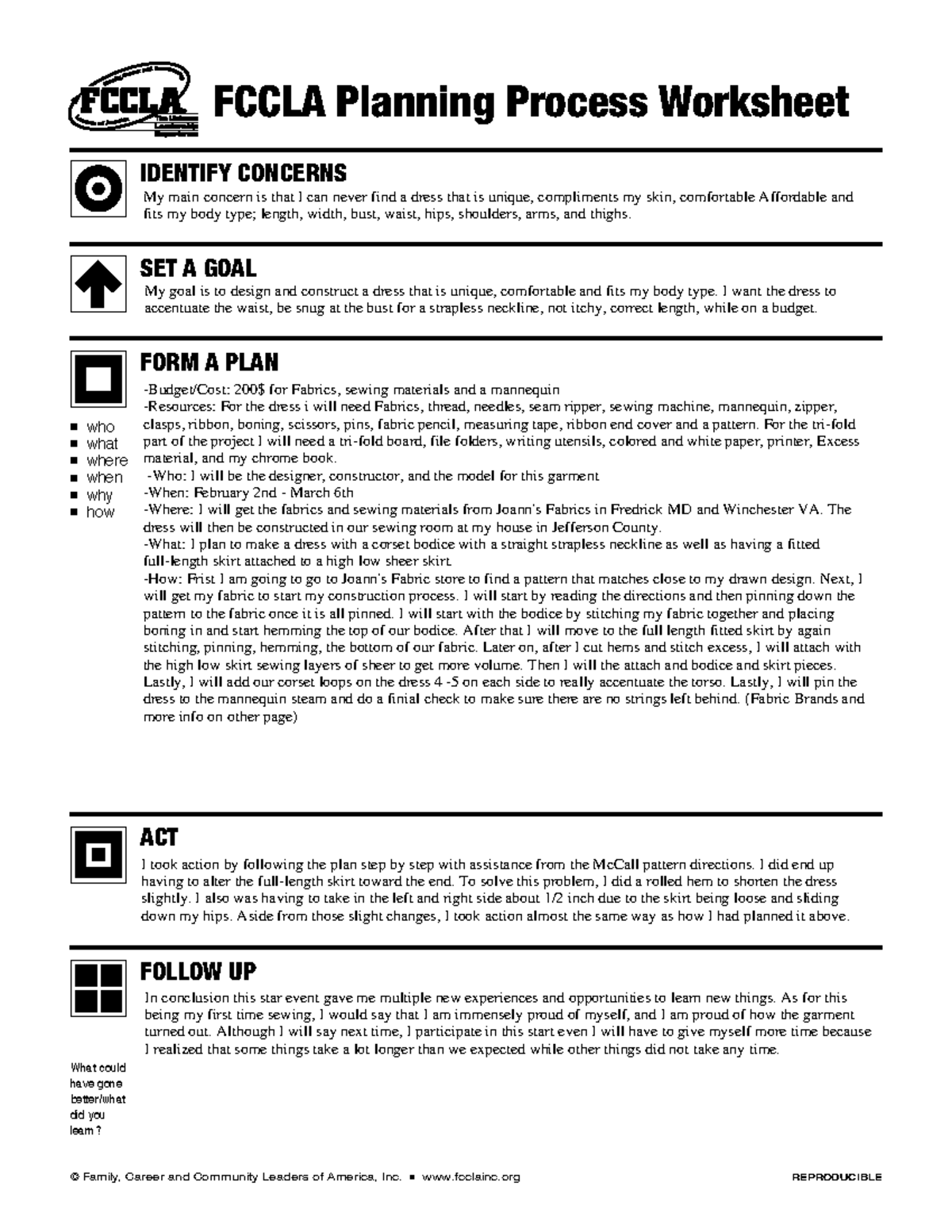 FCCLA Planning Process Worksheet Essential Class Resource Studocu