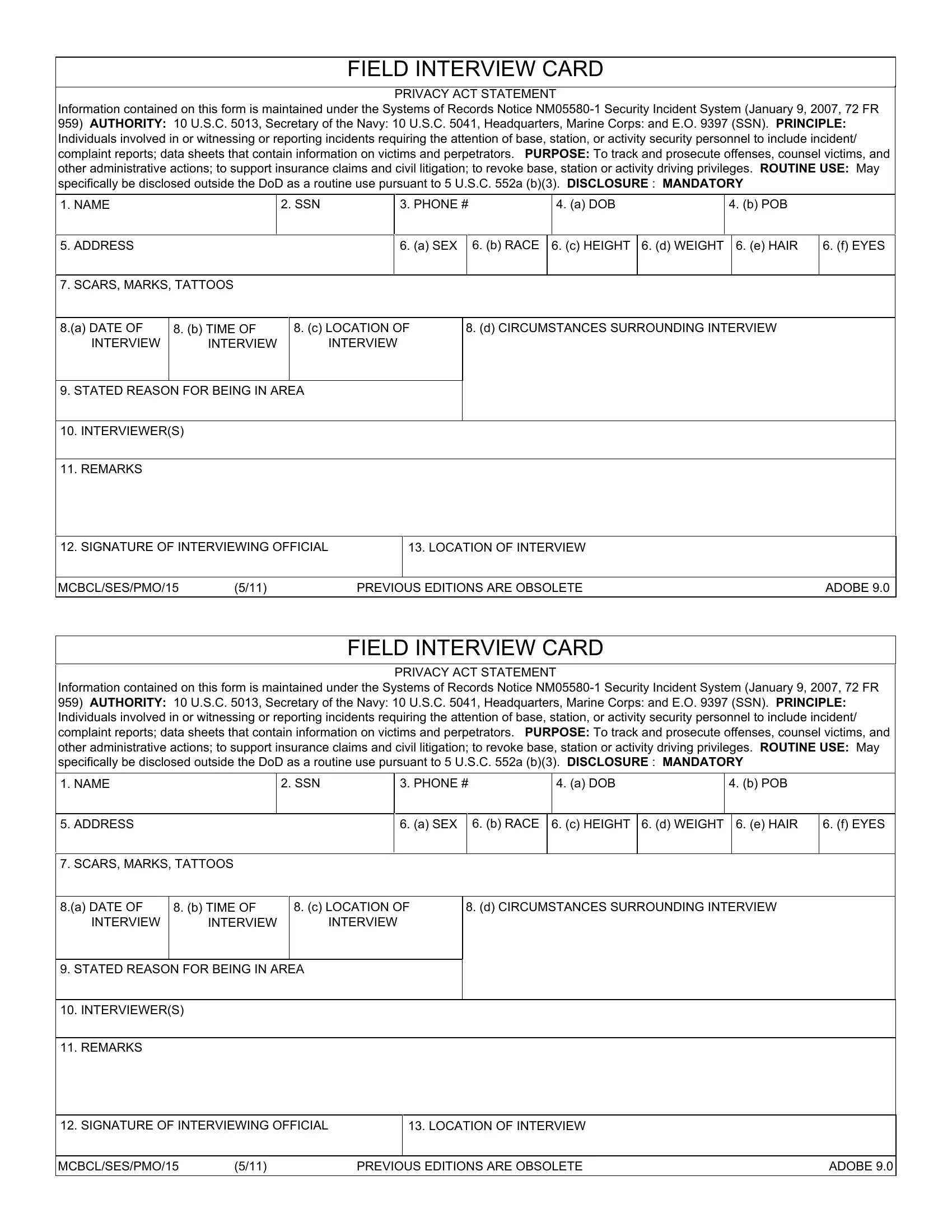 Field Interview Card Form Fill Out Printable PDF Forms Online