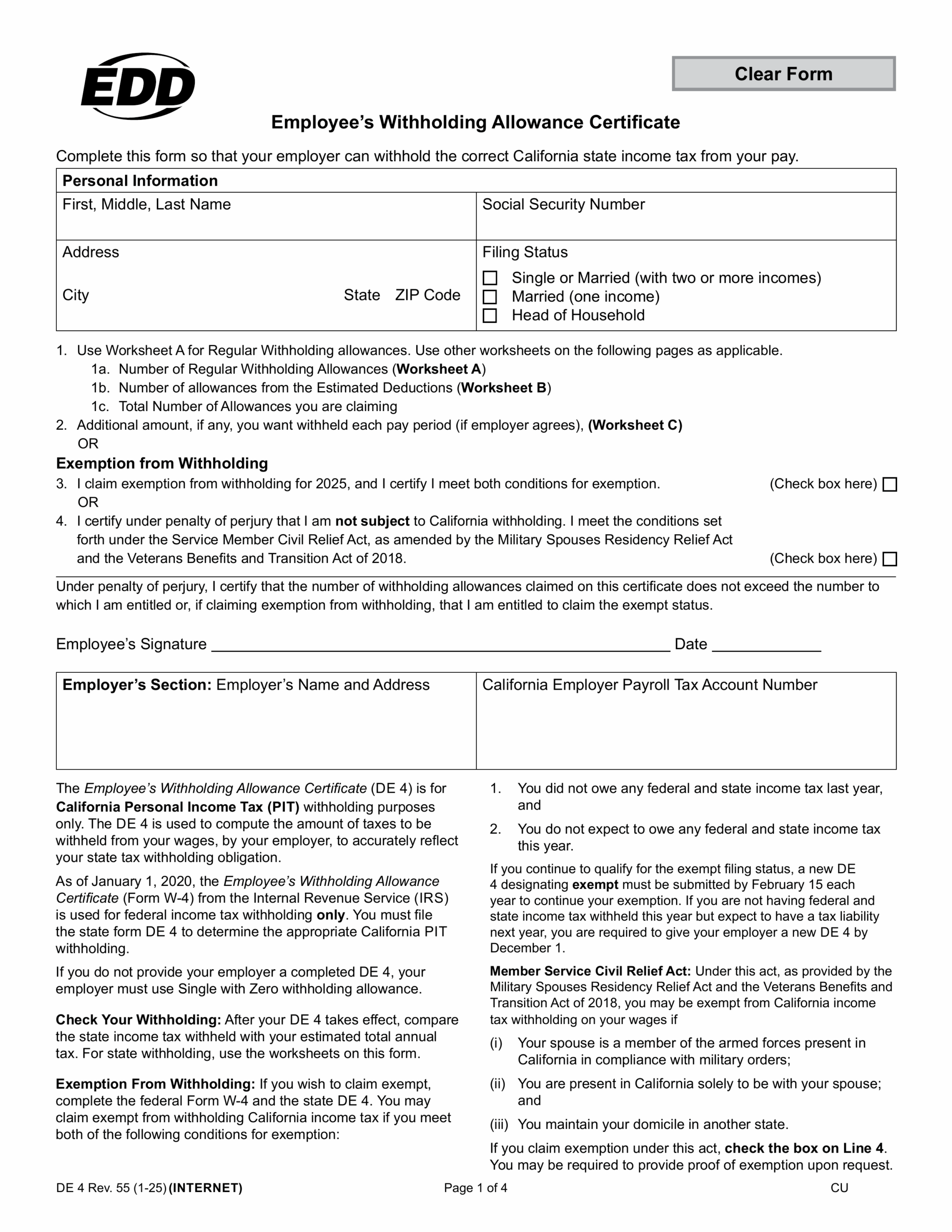 Fill Form DE 4 Employee s Withholding Allowance Certificate 2024 2025