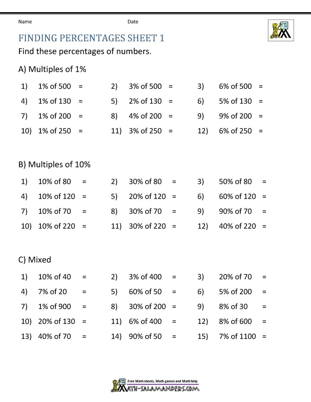 Finding Percentage Worksheets Finding Percentage Worksheets