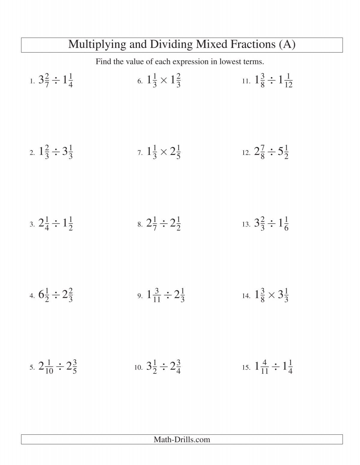 Fractions Worksheet Multiplying And Dividing Mixed Fractions