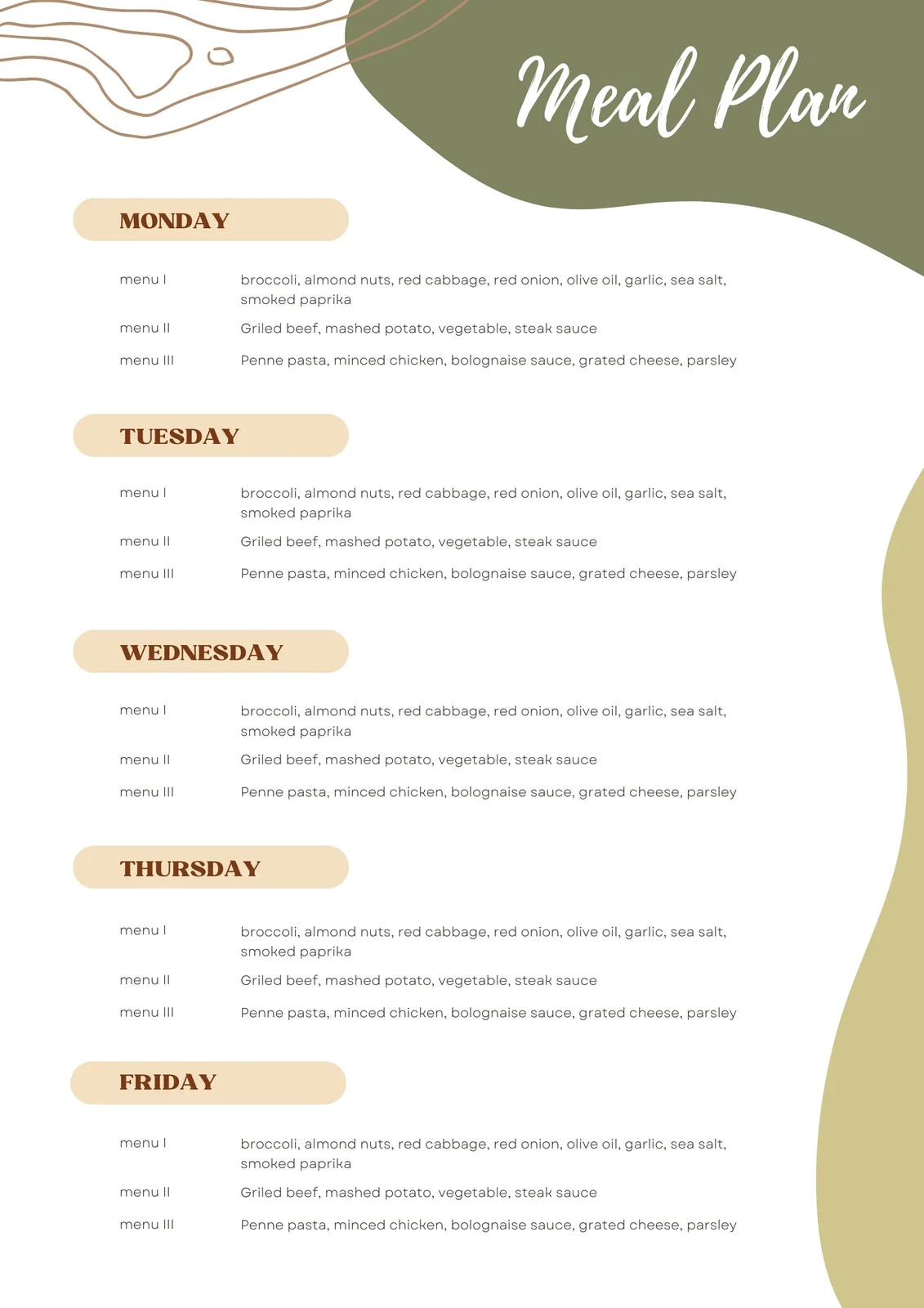My Daily Food Plan Worksheet Example