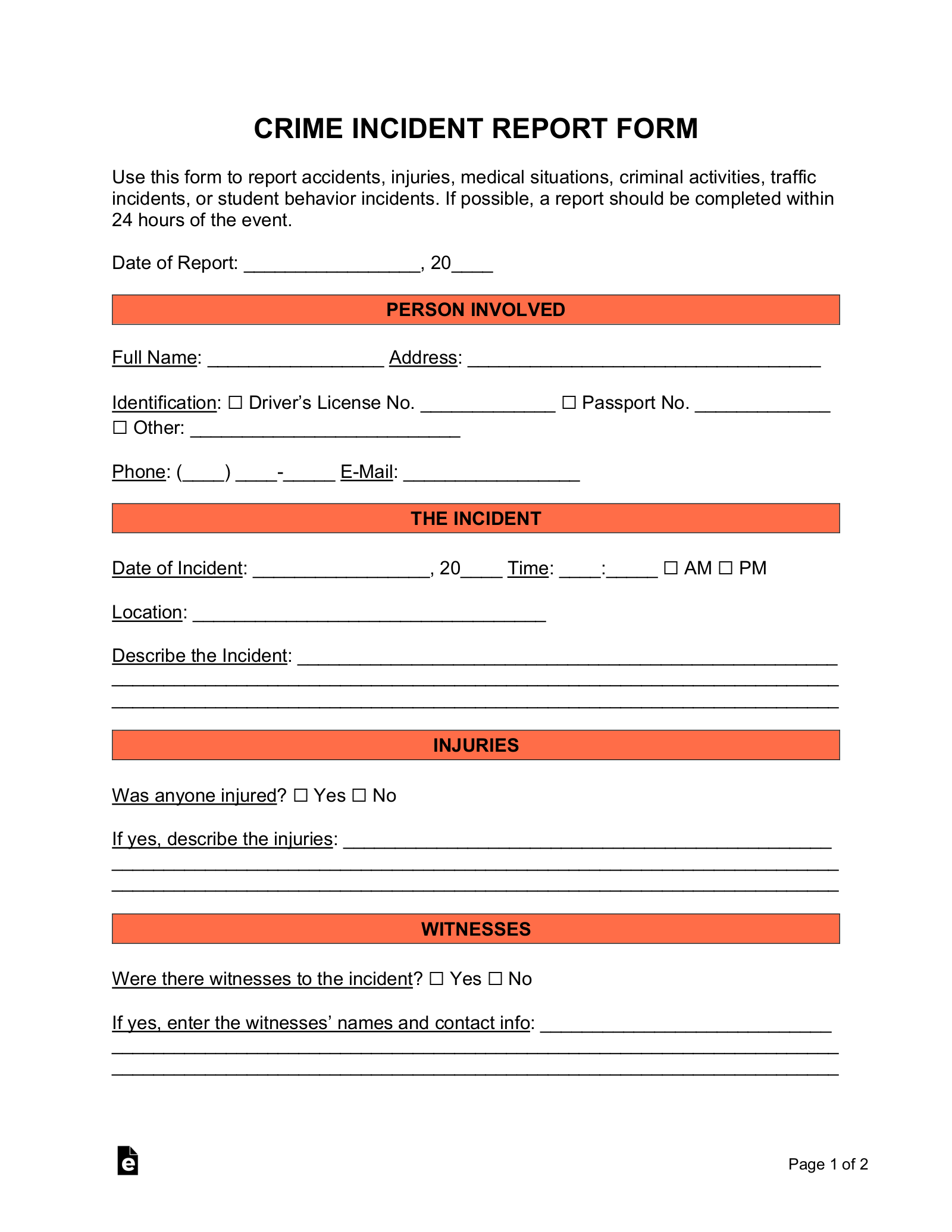 Free Police Incident Report Form PDF Word EForms