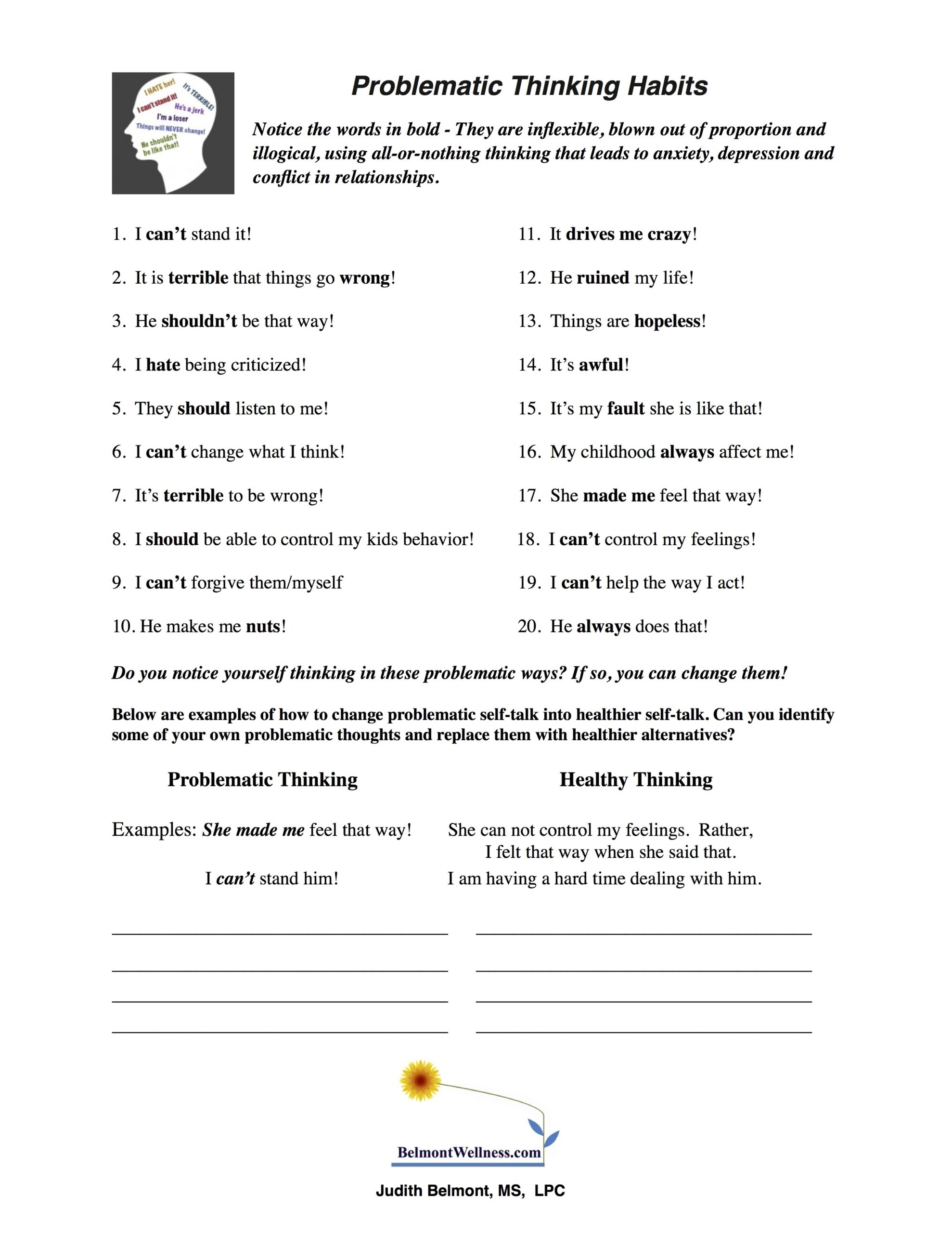 Patterns Of Problematic Thinking Worksheet Examples