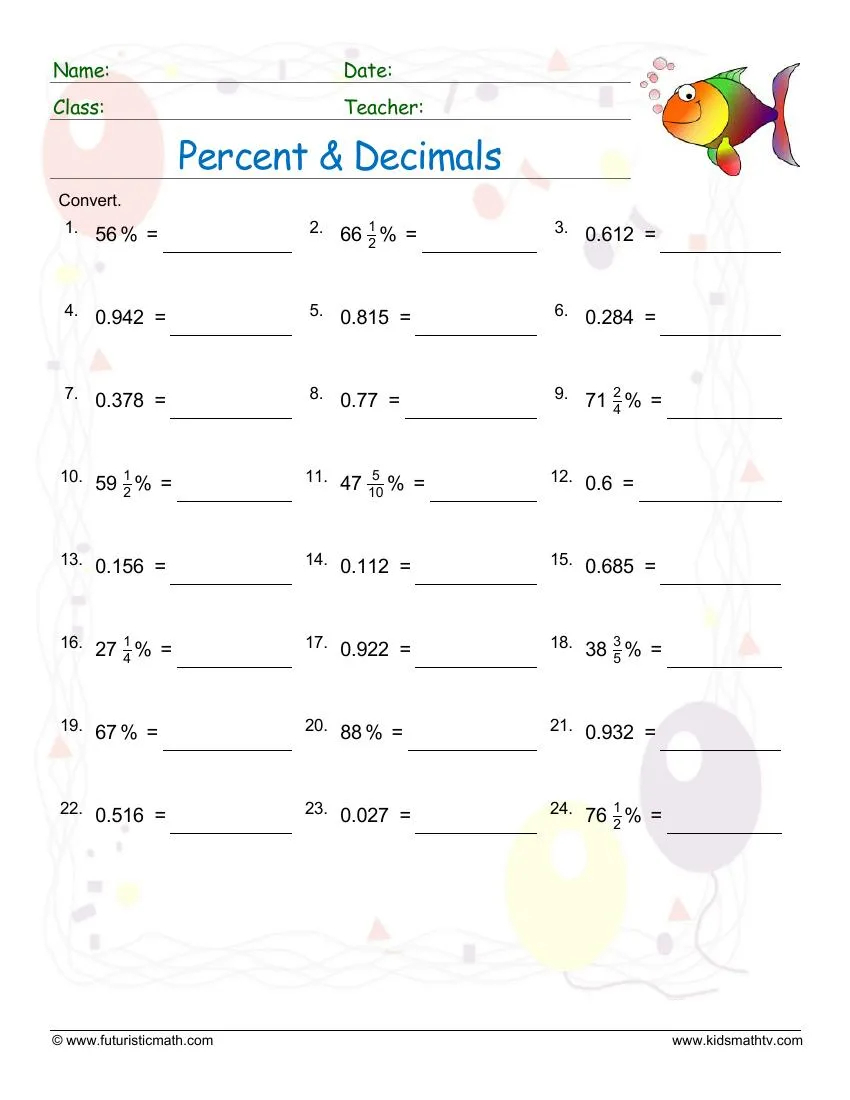 Examples Of Converting Decimals To Percentage Worksheet