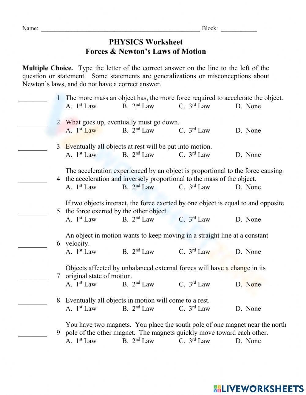 Identifying Examples Of Newtons Laws Worksheet