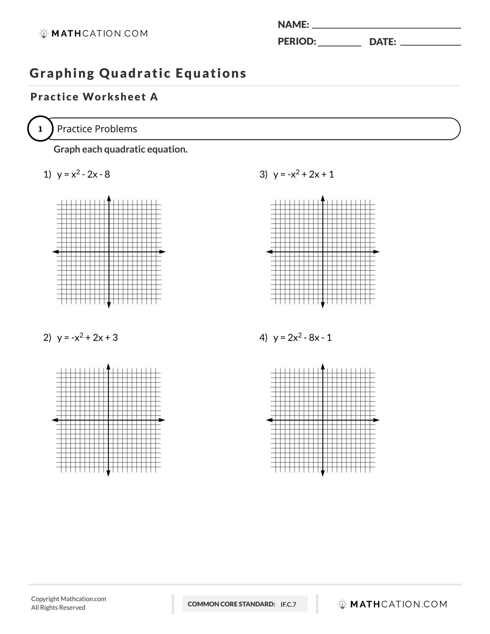 Graphing Quadratic Functions Worksheet Practice And Examples